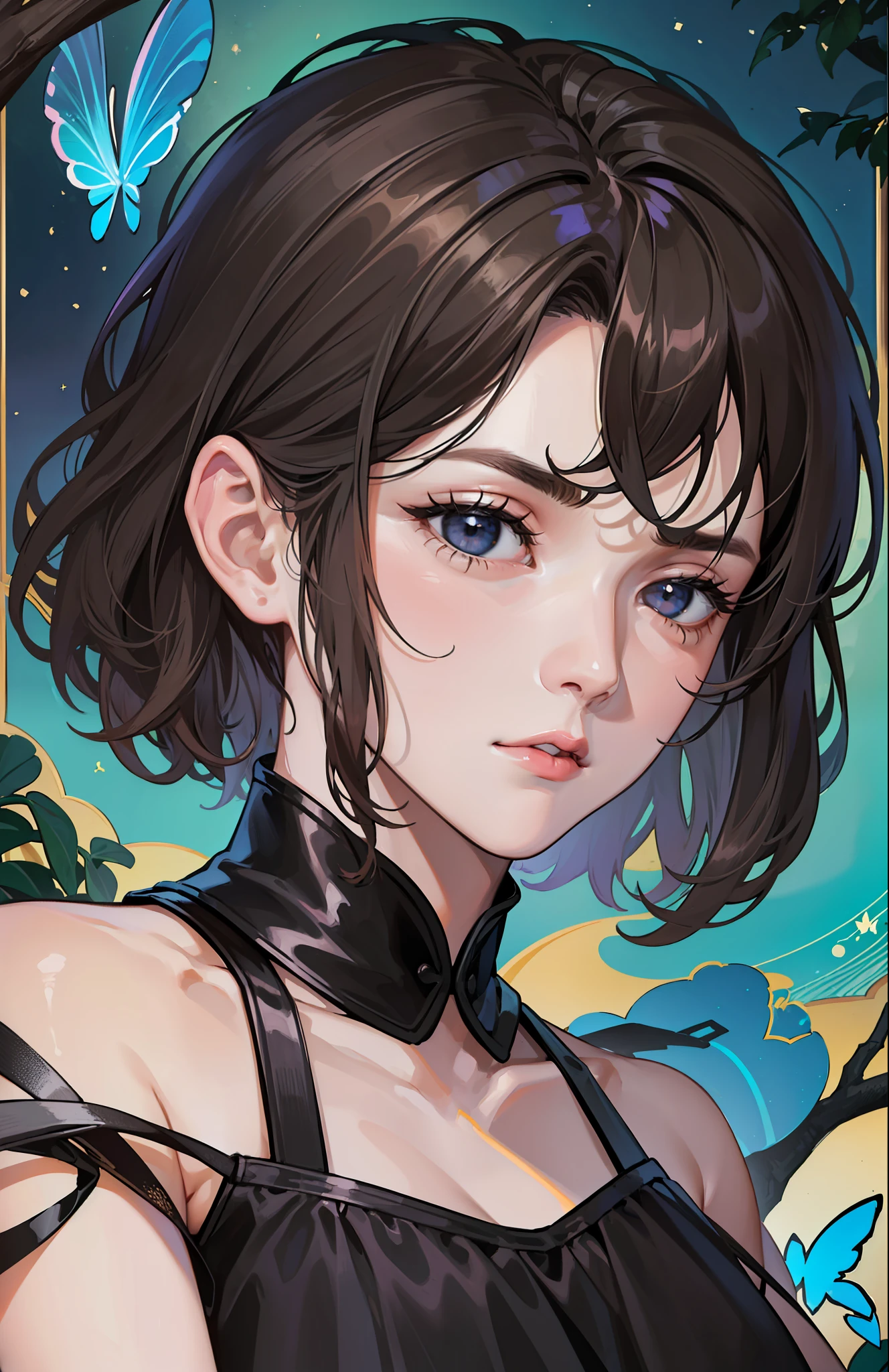 ((Superior quality, portraits, masterpieces, 8K: 1.3 wallpapers)), girl with short wavy brown hair (((SHORT HAIR))), obsidian-like black eyes (((BLACK EYES))), (((ANNOYING, SERIOUS LOOK))) sitting on a branch of a mueto tree, bioluminescent blue butterflies, dark hour, perfect shadows and reflections of the moon on the scene. black dress covered, dark clothes of MOURNING, CLOTHES COVERING THEIR SKIN, TUNIC.