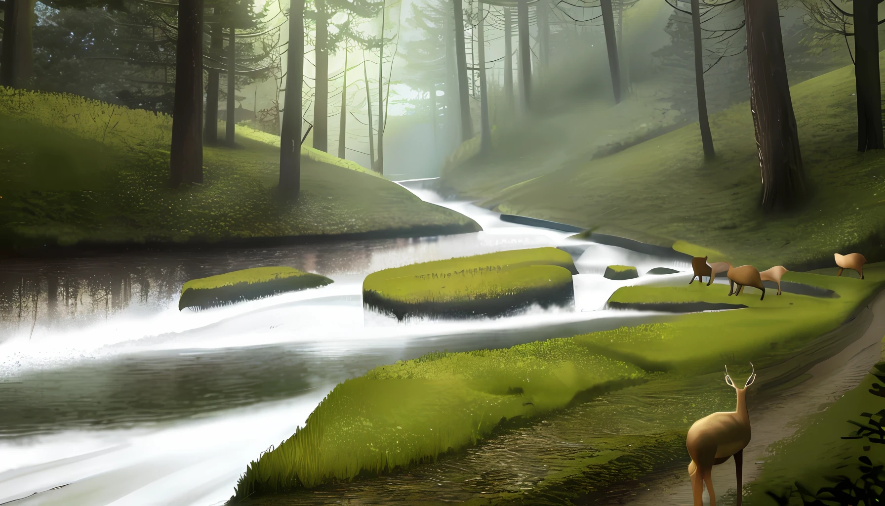 River cutting through forest, deer, mystical, real, realistic, HD, high quality, ultra detailed