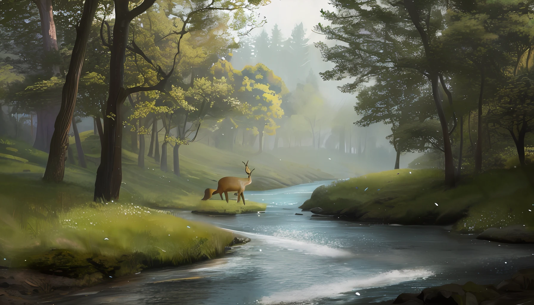 River cutting through forest, deer, mystical, real, realistic, HD, high quality, ultra detailed