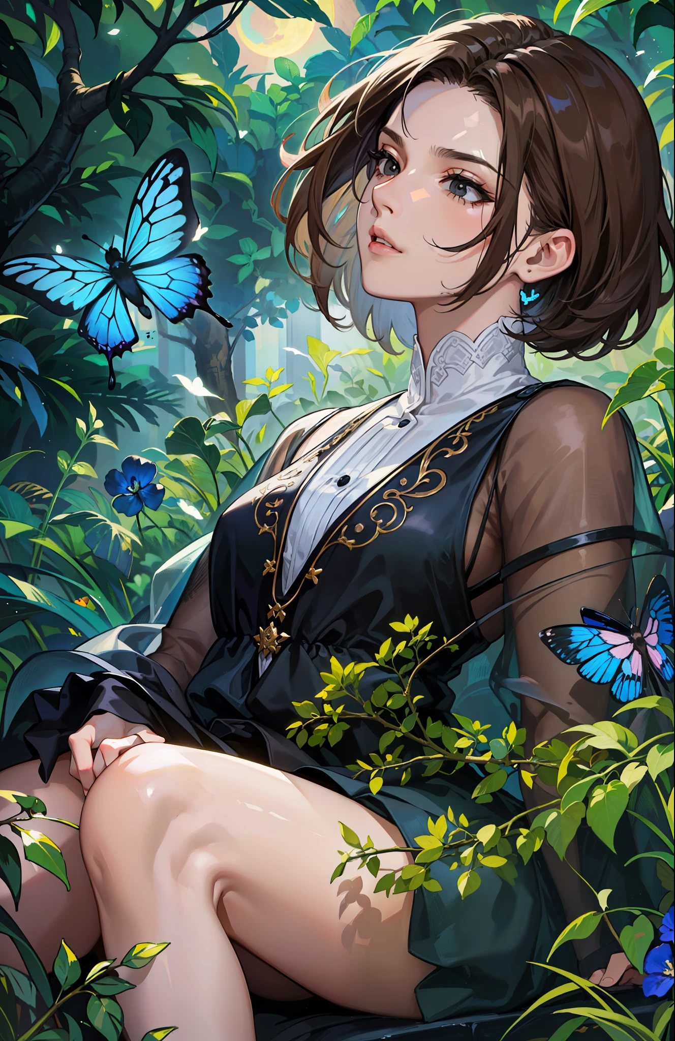 ((Superior quality, portraits, masterpieces, 8K: 1.3 wallpapers)), girl with short wavy brown hair (((SHORT HAIR))), obsidian-like black eyes (((BLACK EYES))), (((ANNOYING, SERIOUS LOOK))) sitting on a branch of a mueto tree, bioluminescent blue butterflies, dark hour, perfect shadows and reflections of the moon on the scene. black dress covered, dark clothes of MOURNING, CLOTHES COVERING THEIR SKIN, TUNIC.