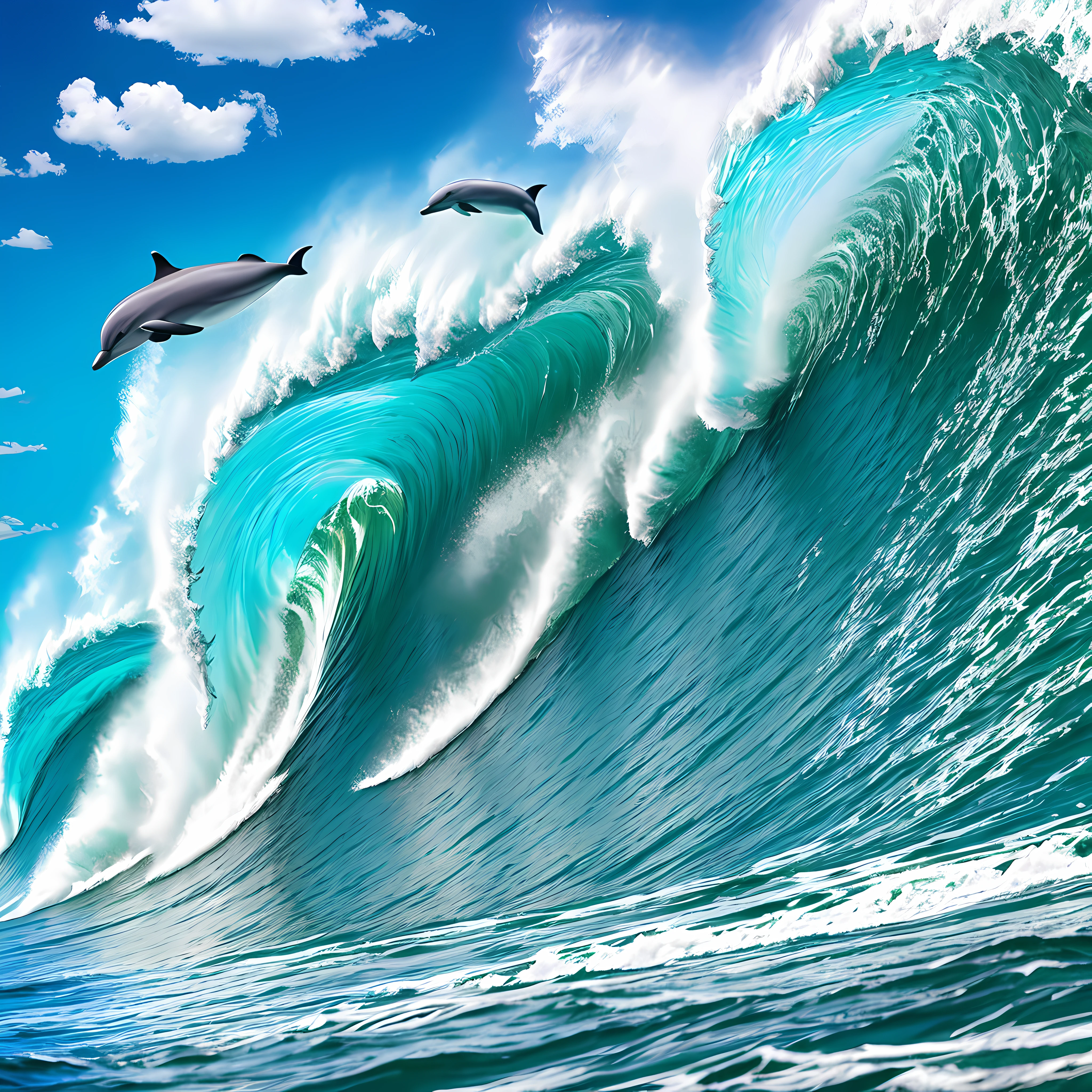 "Wave Riders": A dynamic image of dolphins surfing through a wave, capturing the thrill and agility of these remarkable creatures as they effortlessly navigate the powerful ocean currents, Surrealism, color field printing, high detail, UHD, 8k, anatomically correct, cinematic lighting 4d quality --auto --s2