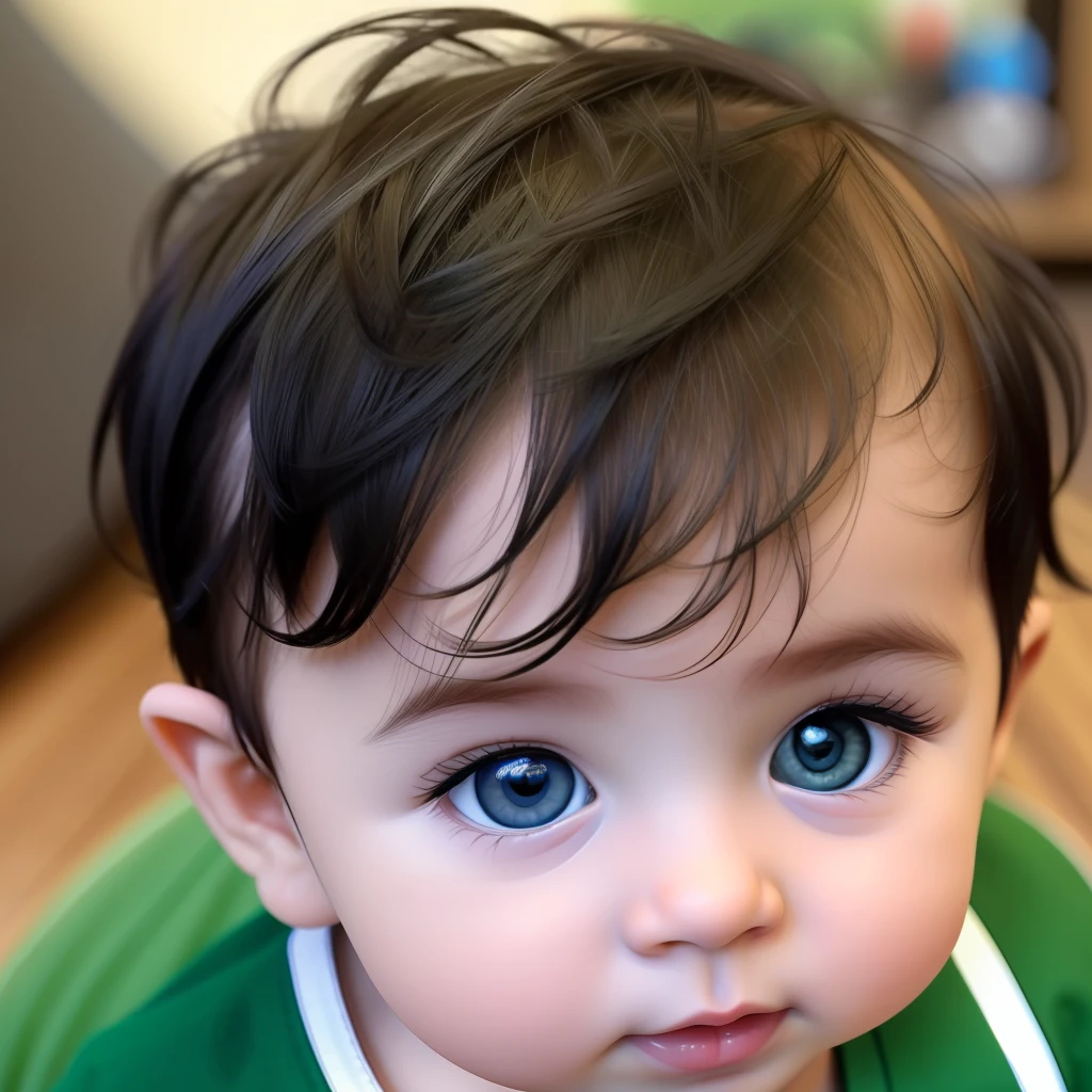 a 9 boy, baby cute, greyes, messy short black hair, realistic, close UP, FHD --auto --s2