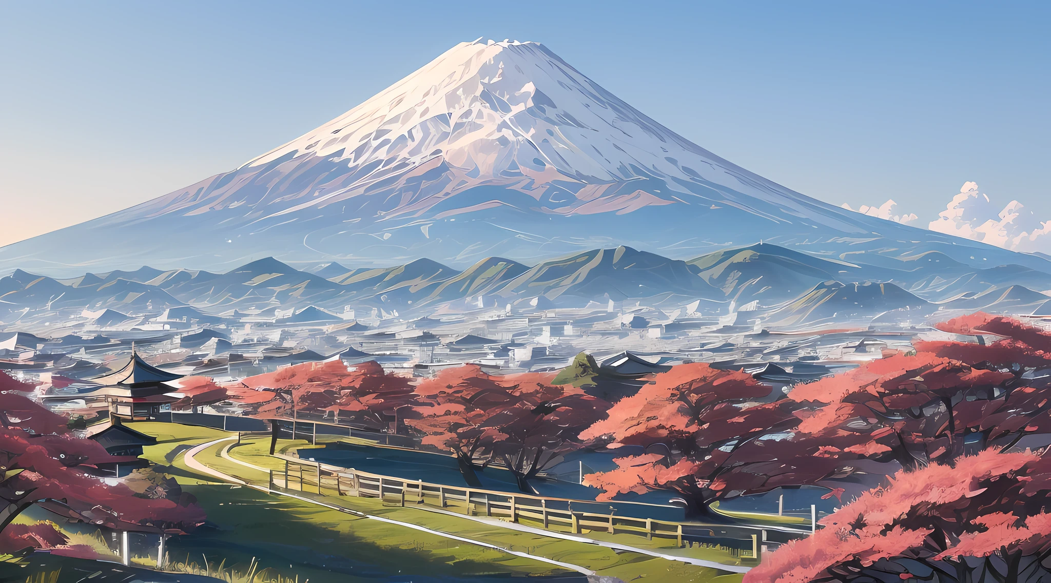 (Best quality),(masterpiece),(ultra detailed),(high detailed),(extremely detailed) anime landscape, (ultra detailed) hyperrealistic scene, featuring Mount Fuji, vibrant colors and dynamic elements, reminiscent of the works of Hokusai.