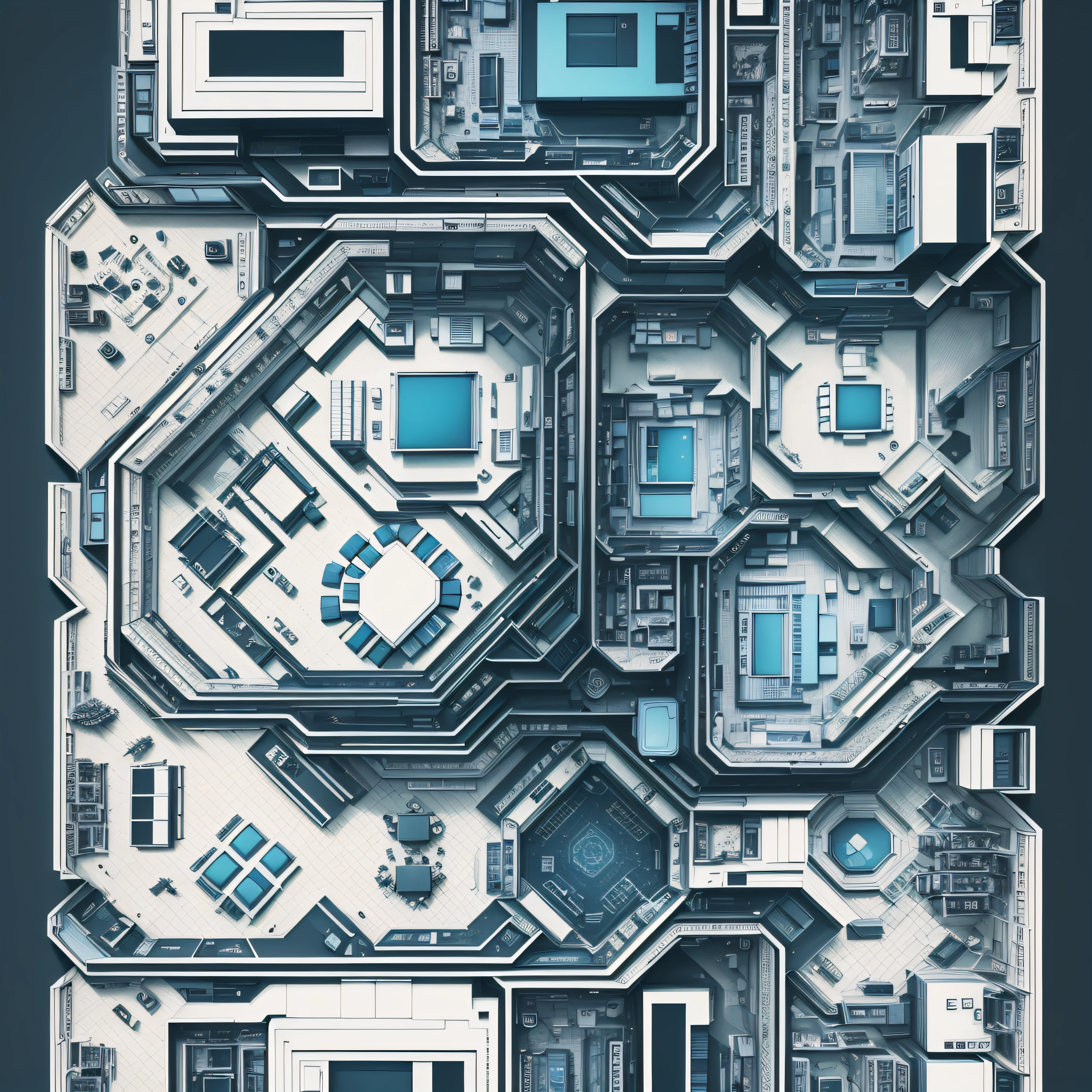 A fascinating artistic representation shows computer circuits accessible in the form of a house plan, with rooms identified by names and footage, in soft tones. The image exclusively uses the pure colors blue, black and white to compose its composition. --auto --s2