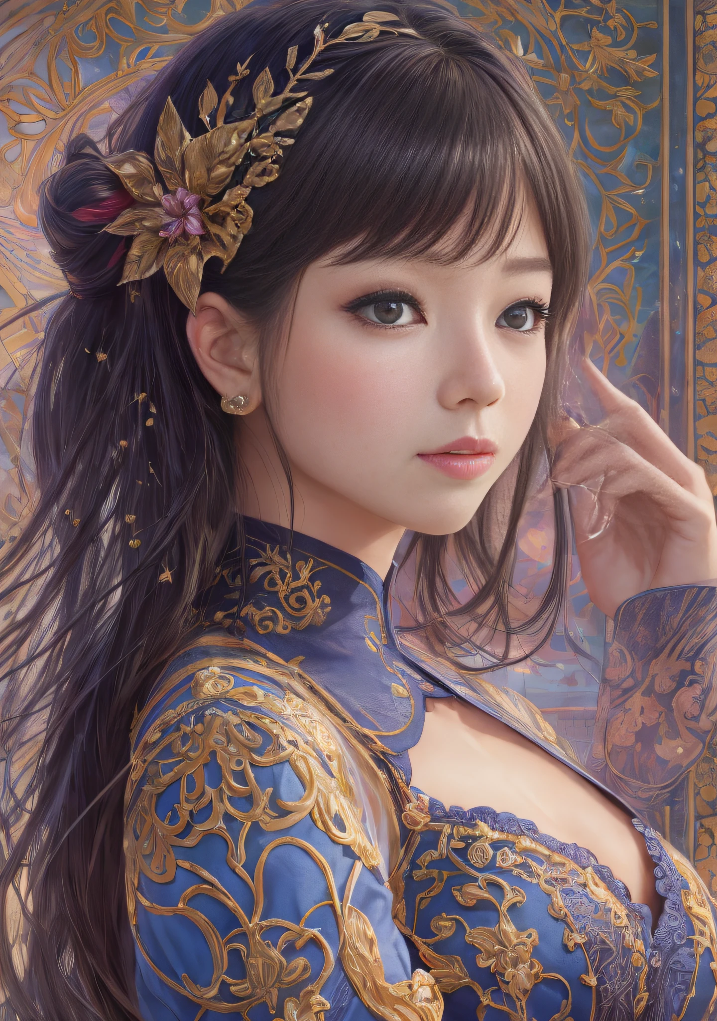 best quality, photorealistic, 8k, high res, 1girl, art nouveau fashion embroidered, elegant, hyper-realistic, ultra-detailed, outwardly colors, emotionally evoking, head in focus, ornamental, intricate, soft light, volumetric lighting, けもの, 少女, 小手川唯, 中原南天坊