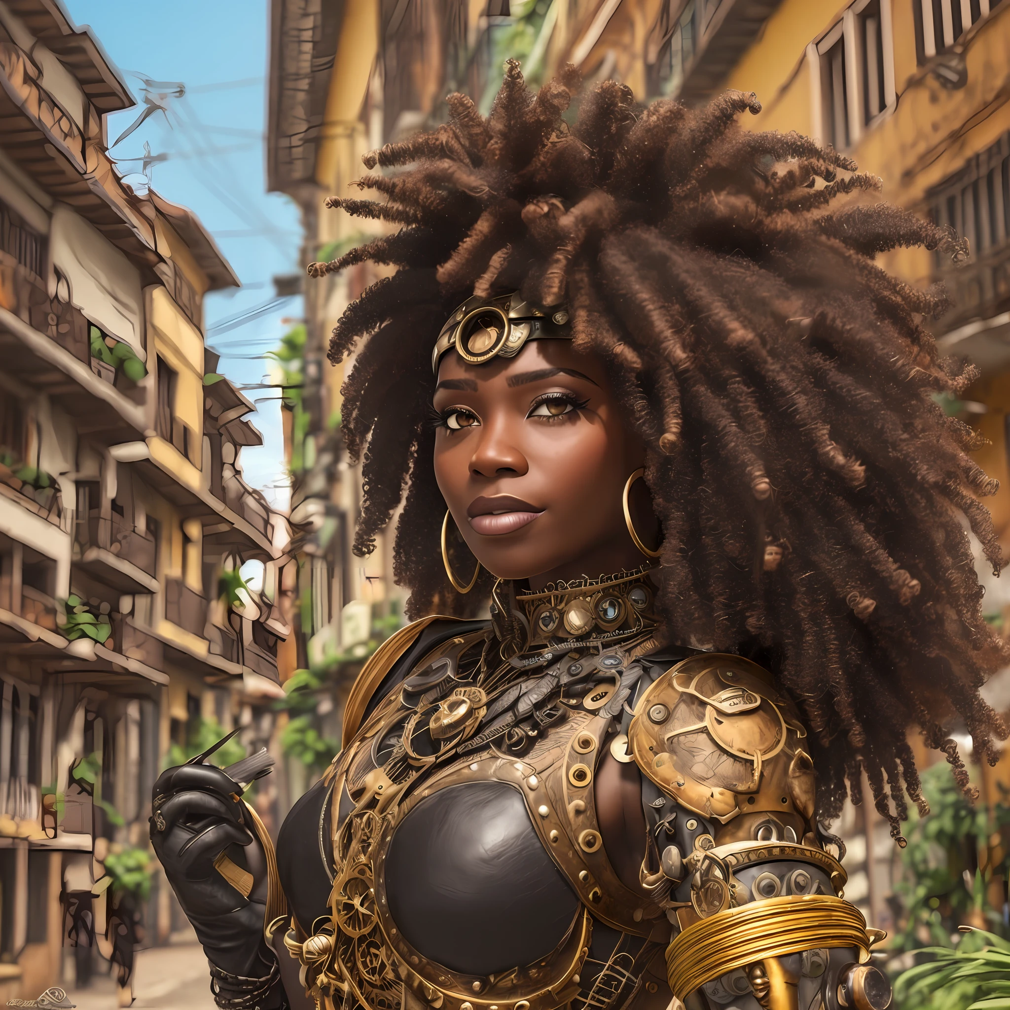 1 black Afro-Brazilian woman dressed in steampunk style in Rio de Janeiro, realistic, dark black skin, afro curly hair, steampunk, Rio de Janeiro --auto --s2