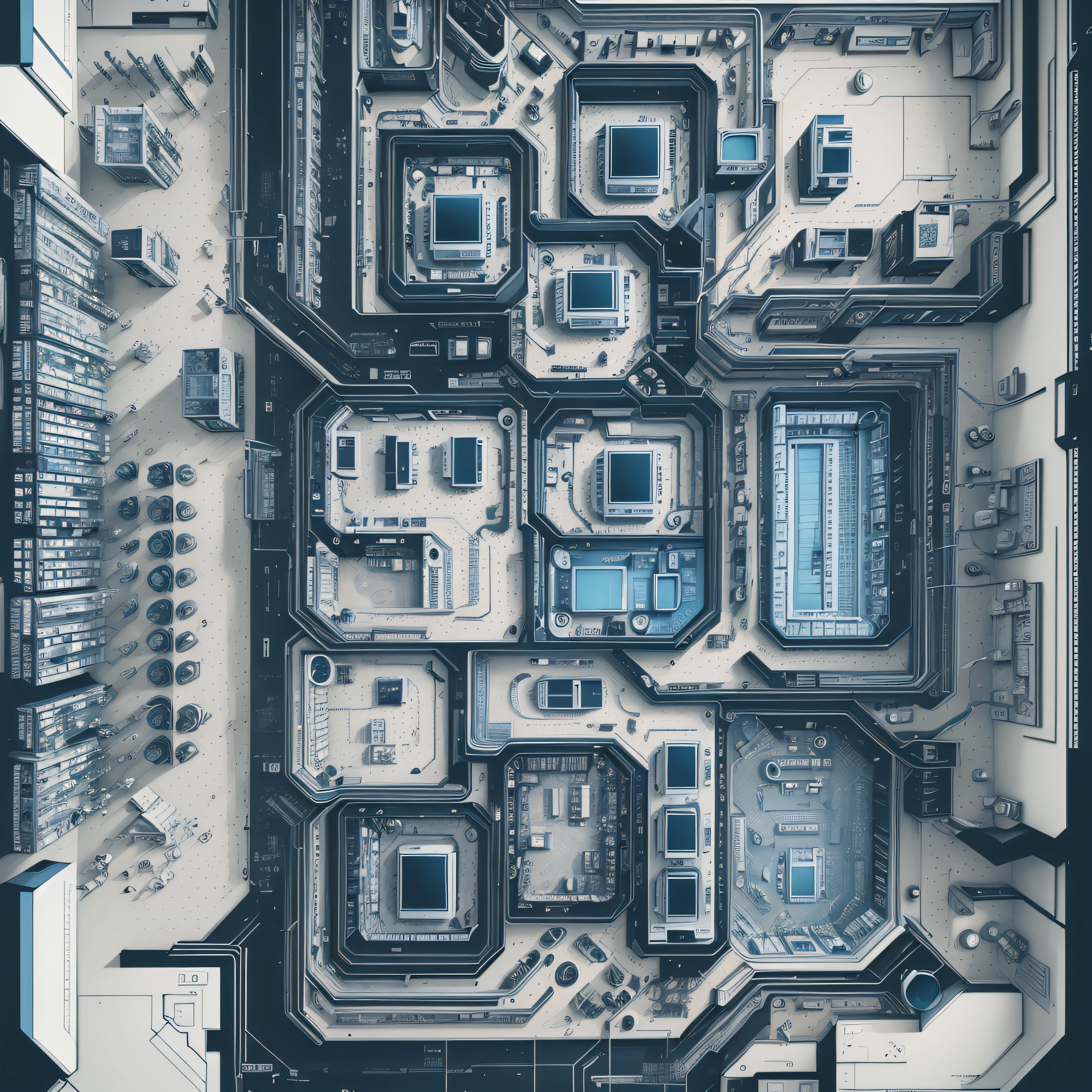 A fascinating artistic representation shows computer circuits accessible in the form of a house plan, with rooms identified by names and footage, in soft tones. The image exclusively uses the pure colors blue, black and white to compose its composition. --auto --s2