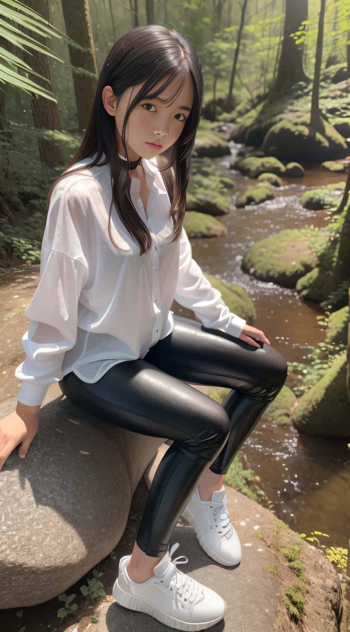 A girl in a soaked white shirt, black leather pants and sneakers sits on a large rock in the forest, looking down from above
