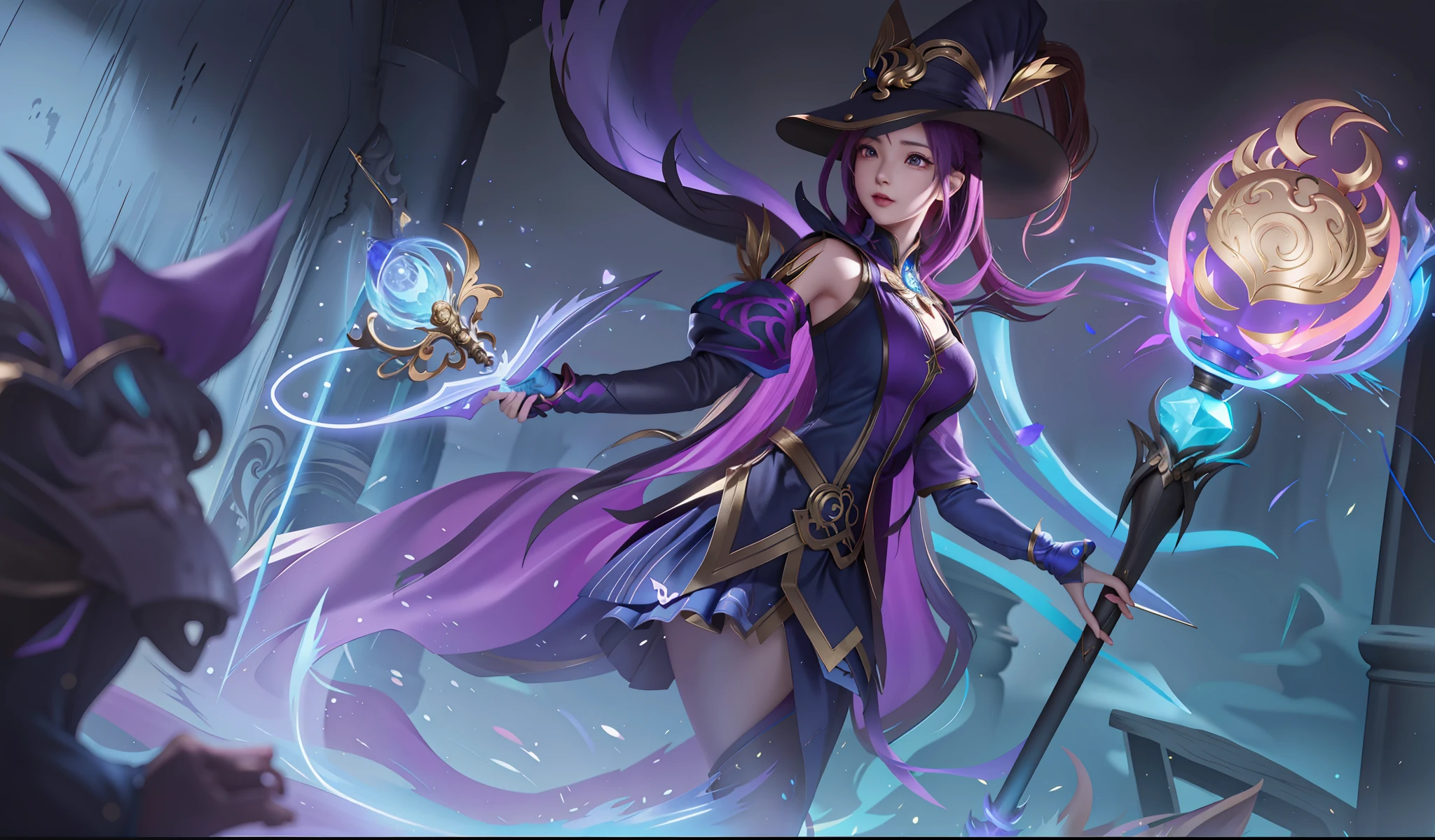 anime - style illustration of a woman dressed in a witch costume holding a magic wand, official splash art, extremely detailed artgerm, ! dream artgerm, arcane art style, artgerm lau, style artgerm, ig model | artgerm, character splash art, ashe, arcane jinx, beautiful celestial mage, sorceress