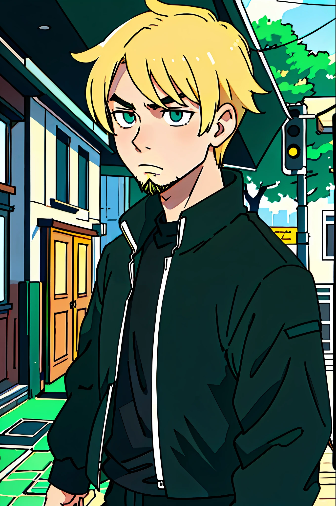 (best quality: 0.8), (best quality: 0.8), anime illustration, close-up portrait, boy boy, alone, blonde hair and beard of the same color, walking around town flat 2d, green eye, cute black clothes, black clothes mostly serious, full body