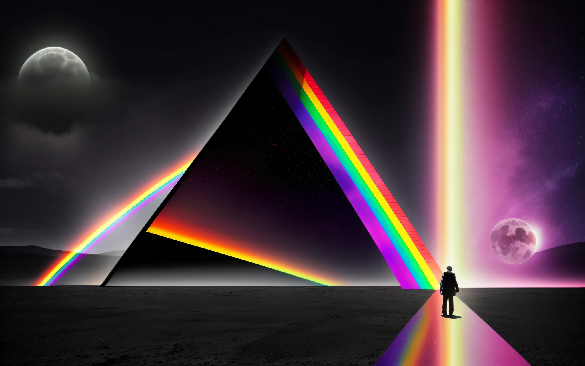 a dark side of the moon with a rainbow coming out of it, the dark side of the moon, pink floyd album cover, prism, pink floyd, dark side, inspired by Storm Thorgerson, by Storm Thorgerson, the dark side, remaster, refraction, dark rainbow, roygbiv, light refraction, prismatic, cds