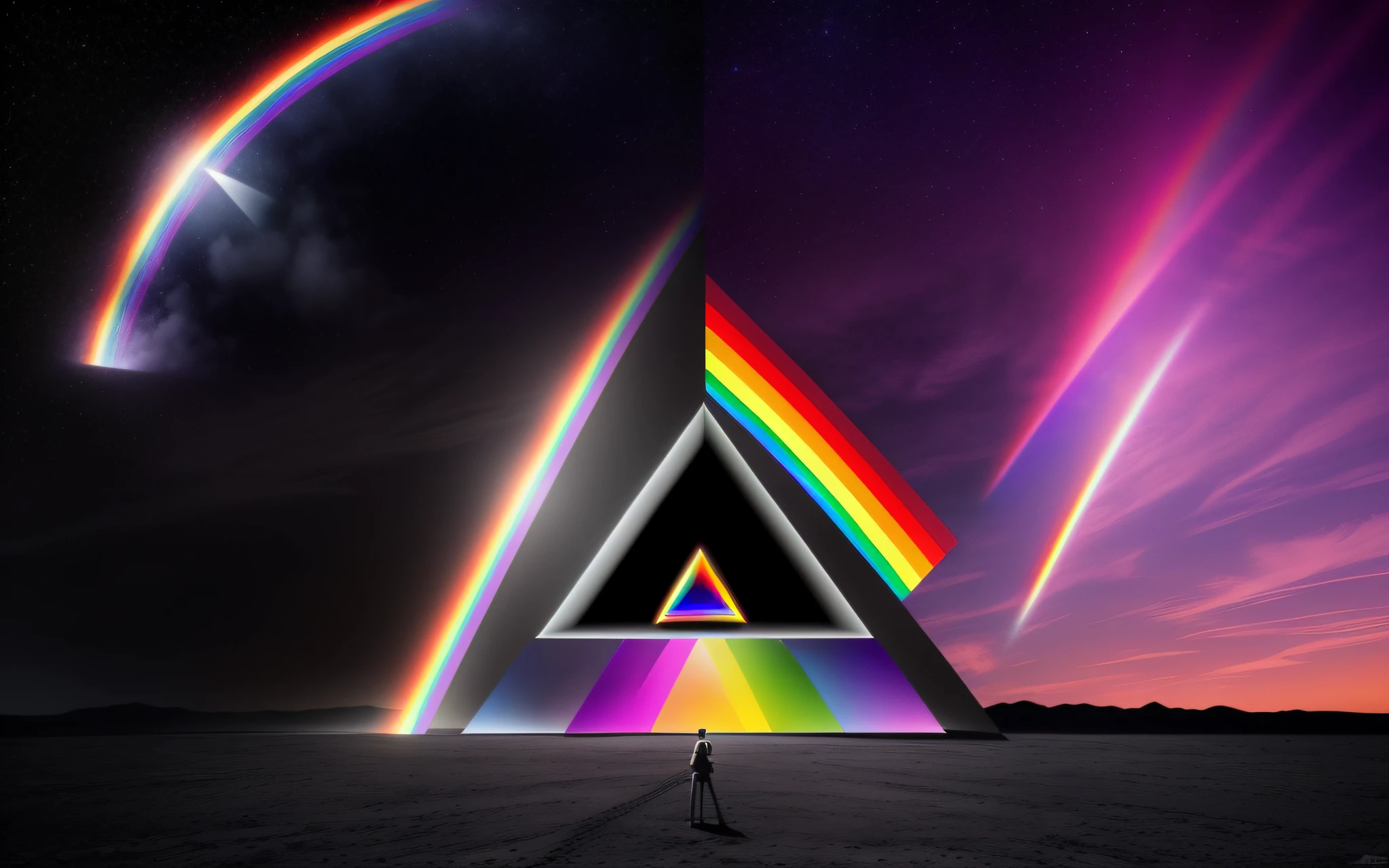 a dark side of the moon with a rainbow coming out of it, the dark side of the moon, pink floyd album cover, prism, pink floyd, dark side, inspired by Storm Thorgerson, by Storm Thorgerson, the dark side, remaster, refraction, dark rainbow, roygbiv, light refraction, prismatic, cds
