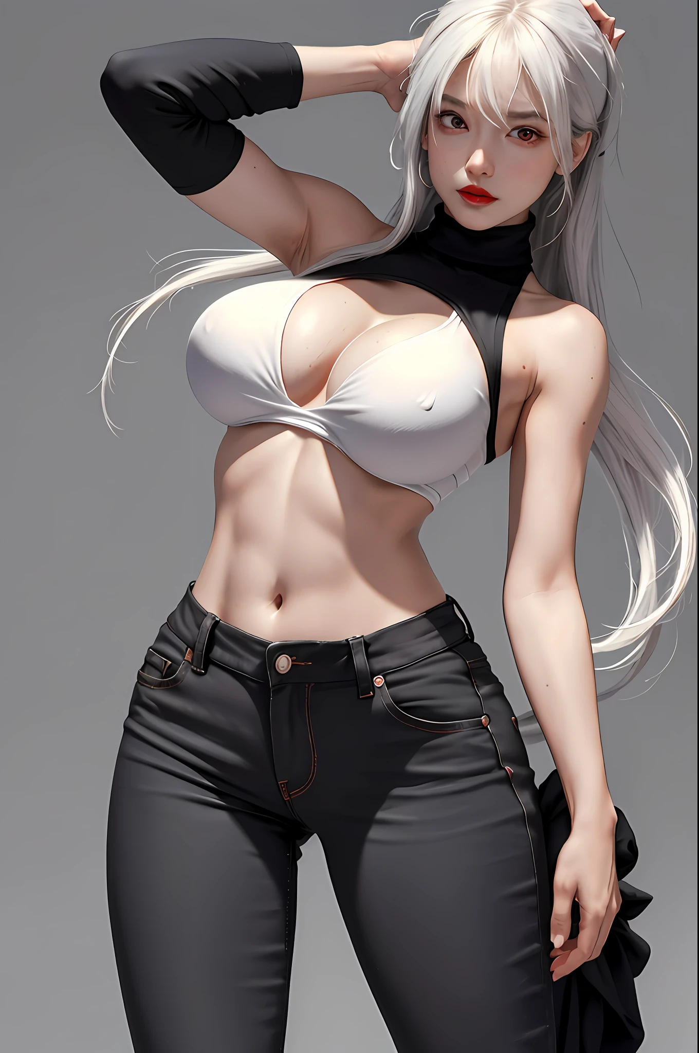 Girls, Bangs, Bare Shoulders, Black Pants, Breasts, Breasts squeezed together, Grey background, Hair between the eyes, Huge breasts, Long hair, View Viewer, Pants, Parted lips, Red eyes, Shirt, Simple background, Sleeveless, Sleeveless shirt, Solo, Turtleneck, V arm, White hair,(Shiny skin),(Masterpiece:1.4),(Best quality:1.4),,Facigirl,Red lips,Perfect abs, belly button, (nipple: 1.5), (sheer areola), nipple, huge, sweat,