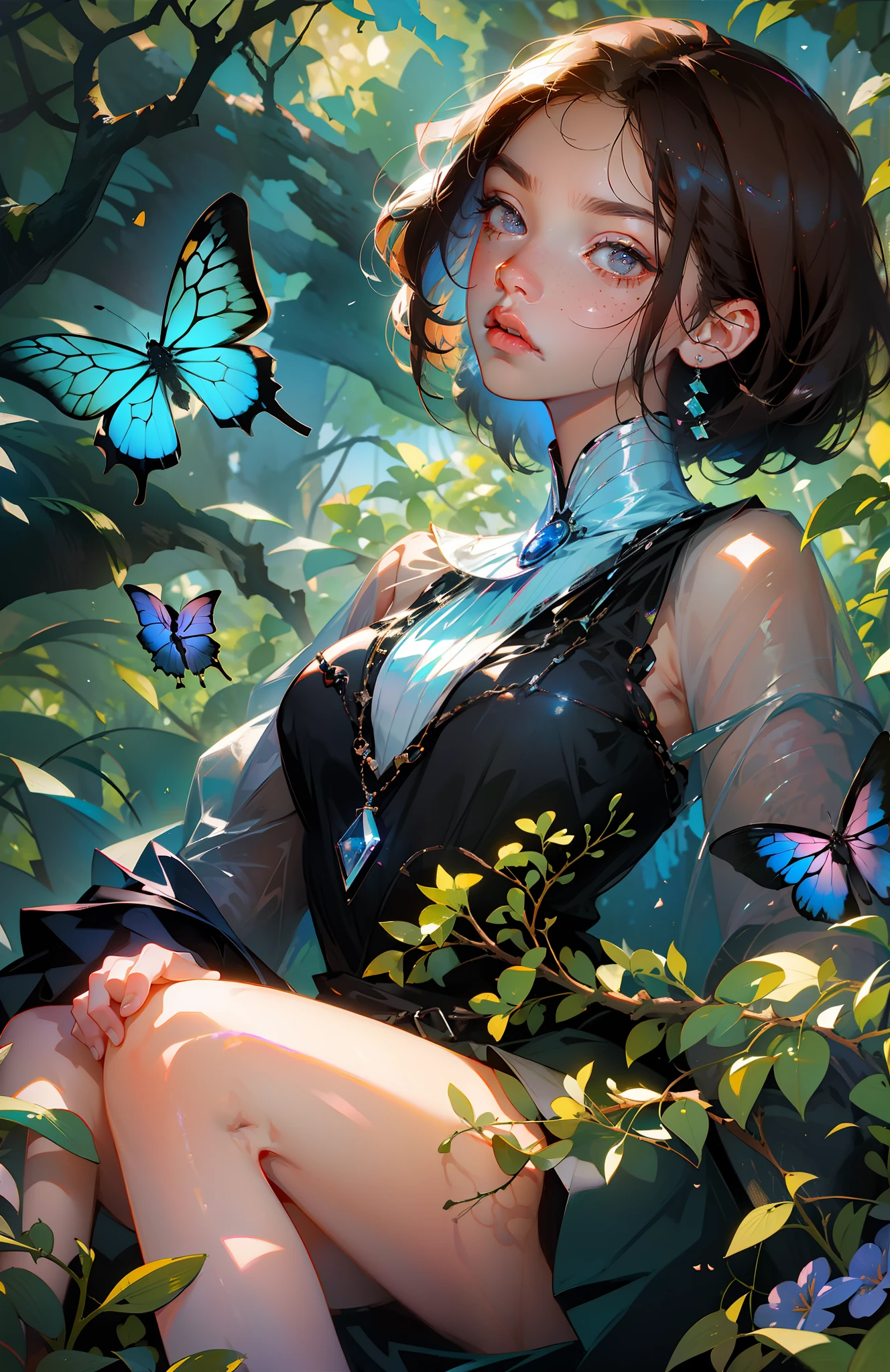 ((Superior quality, portraits, masterpieces, 8K: 1.3 wallpapers)), girl with short wavy brown hair (((SHORT HAIR))), obsidian-like black eyes (((BLACK EYES))), (((ANNOYING, SERIOUS LOOK))) sitting on a branch of a mueto tree, bioluminescent blue butterflies, dark hour, perfect shadows and reflections of the moon on the scene. black dress covered, dark clothes of MOURNING, CLOTHES COVERING THEIR SKIN, TUNIC.
