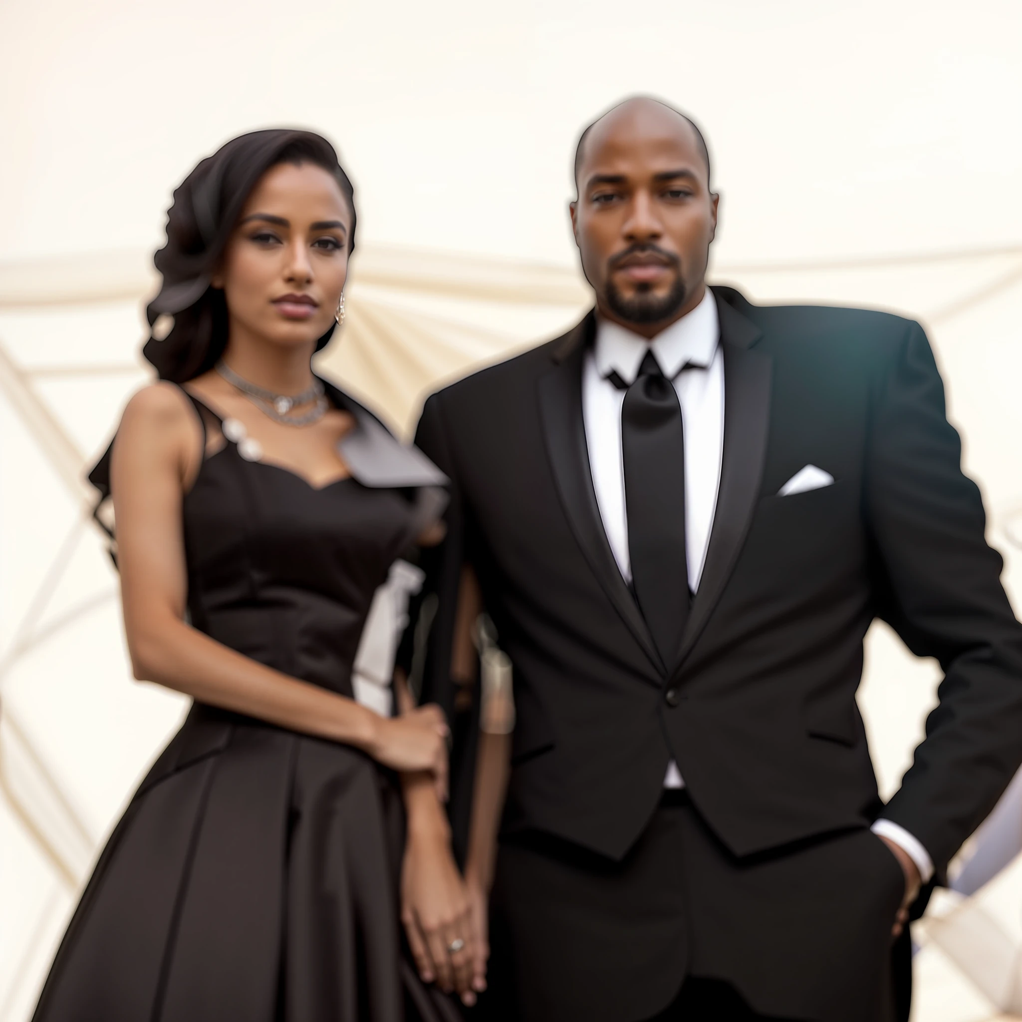 there are two people standing next to each other in formal attire, elegantly dressed, darkpowerful elegant, an elegant couple, advertising photo, futuristic royalty, photo shoot, 5 feet away, elegant pose, profile image, posing elegantly, movie promotional image, photoshoot, head shoot, very stylish, looking confident, very elegant & complex, backdrop, inspiring