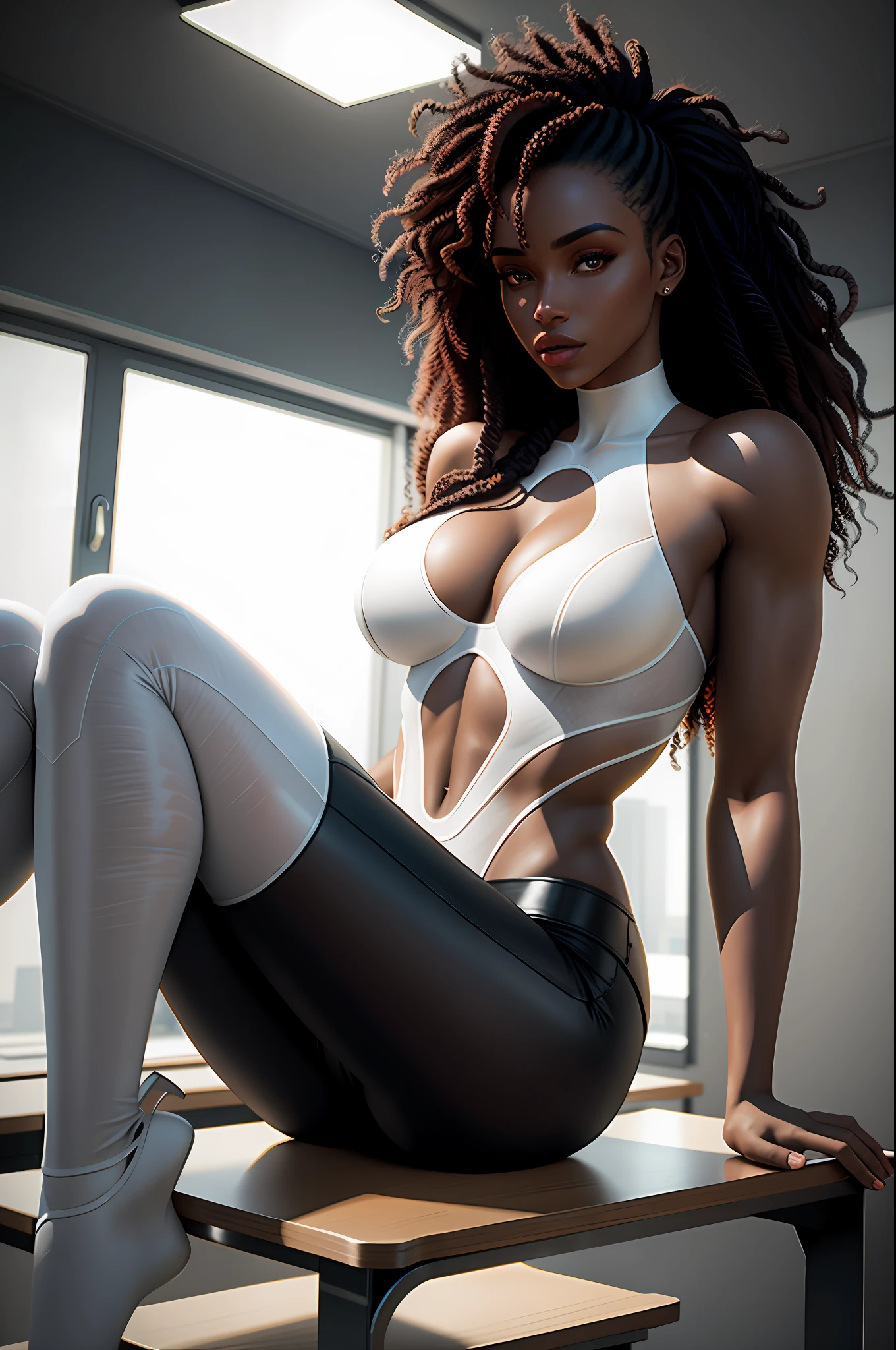 beautiful african university student, curly hair, full body, in white transparent clothing, white transparent pants, interior, classroom, sitting, seductive posture, sexy pose, legs open, legs up, showing ass, big ass, arms on the sides and wide neckline, photorealistic large breasts, photo, masterpiece, realistic, realism, photorealism, high contrast, photorealistic digital art trend on Artstation 8k HD high definition detailed realistic,  detailed, skin texture, hyper detailed, realistic skin texture, armor, best quality, ultra high resolution, (photorealistic:1.4), high resolution, detailed, raw photo, sharp re, by lee jeffries nikon d850 stock film photography 4 camera kodak portra 400 lens f1.6 rich colors hyper realistic texture dramatic lighting irrealengine trending on artstation cinestill 800,