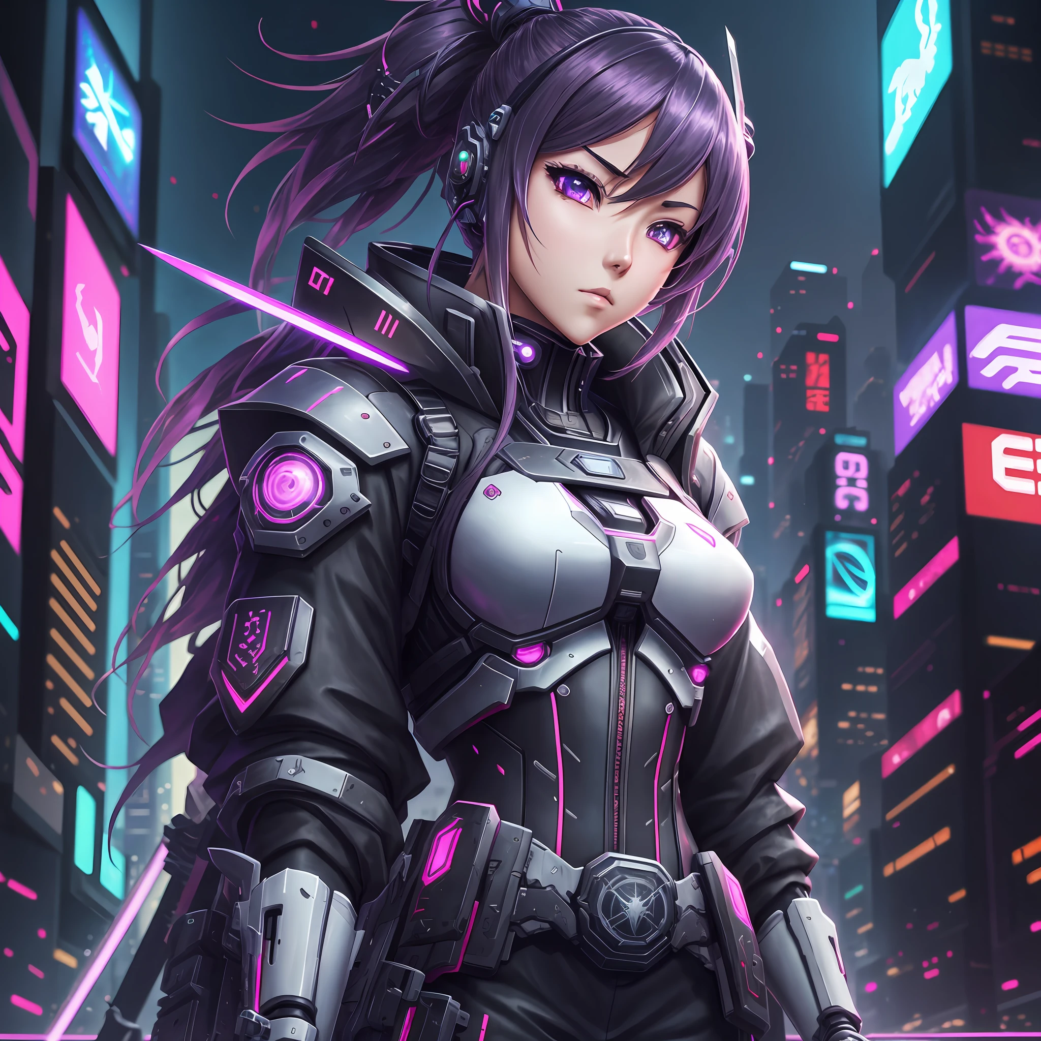 Create a cover for YouTube anime character with sword and futuristic city background, holographic blade!, best anime 4k konachan wallpaper, badass anime 8 k, fractal cyborg ninja background, cyberpunk digital anime art, cyberpunk samurai, anime cyberpunk art, very cute cyberpunk samurai, cyberpunk digital - anime art, cyberpunk knight, cyborg ninja, high quality warframe fanart, warframe fanart, cyberpunk anime girl mech --auto --s2