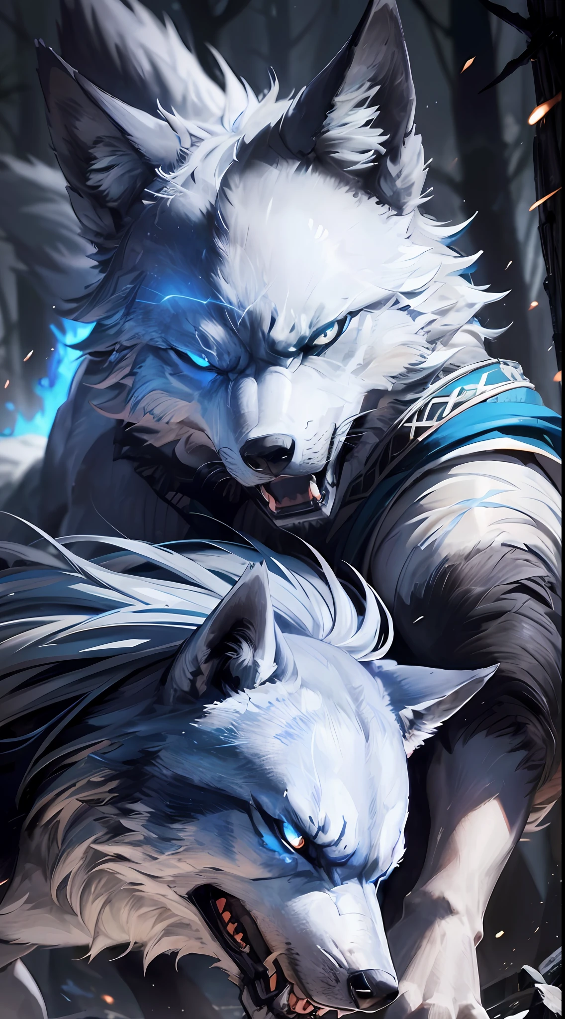 Black colored wolf of "blue eyes", fierce, hunting, dangerous forest, (detailed high resolution image), 1 angry, fearless wolf. Howling, large, powerful, blue-eyed wolf, midnight wolf, dangerous, imposing hunter, full moon.