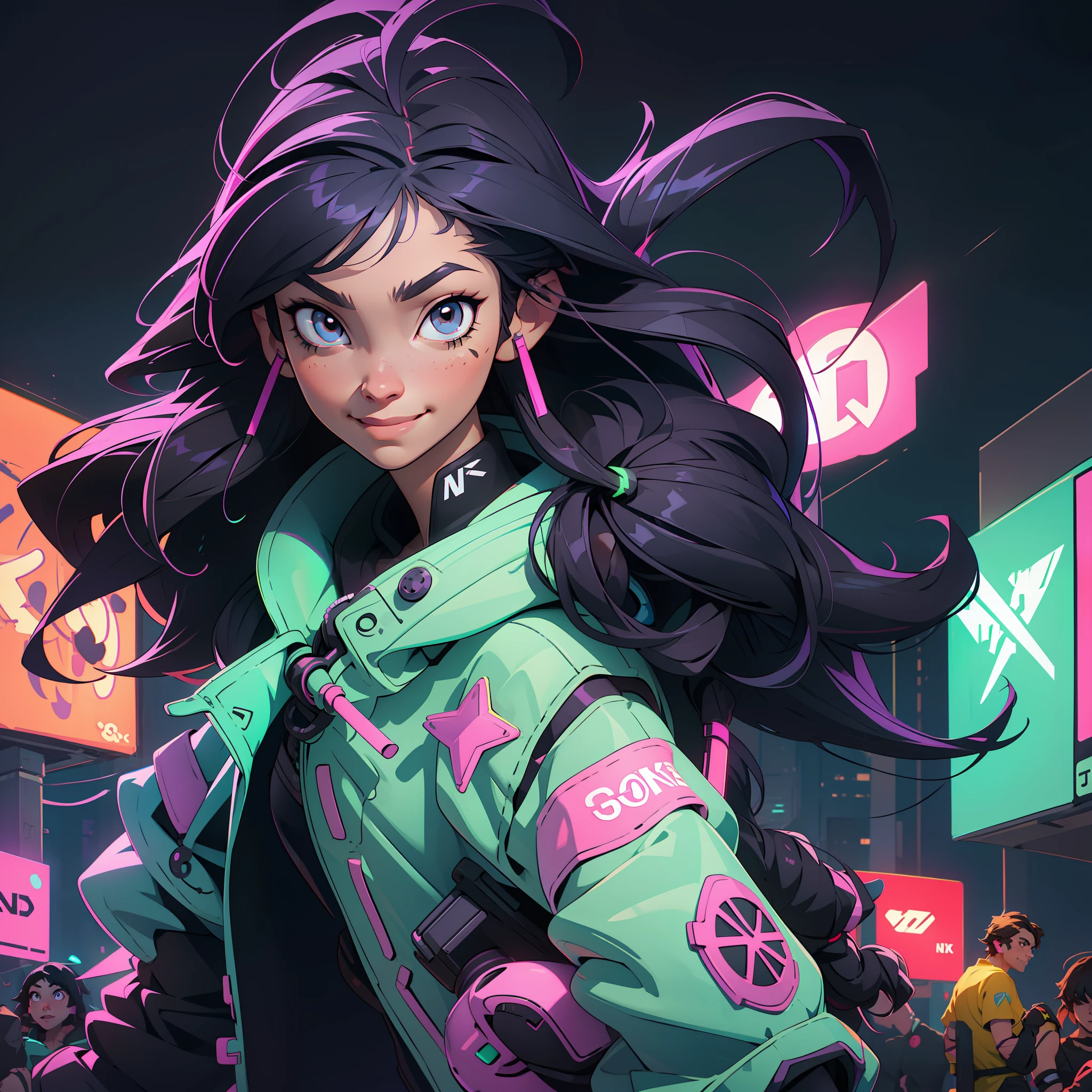 Create a girl with long messy black hair and brown eyes, smiling, gamer,, monitor, night time, good quality, perfect anatomy, 8k, masterpiece, by (Holaxes), long hair, messy hair, neon, headphones, cyberpunk, neon purple, neon yellow, neon blue, cyberwave, best Character Design
