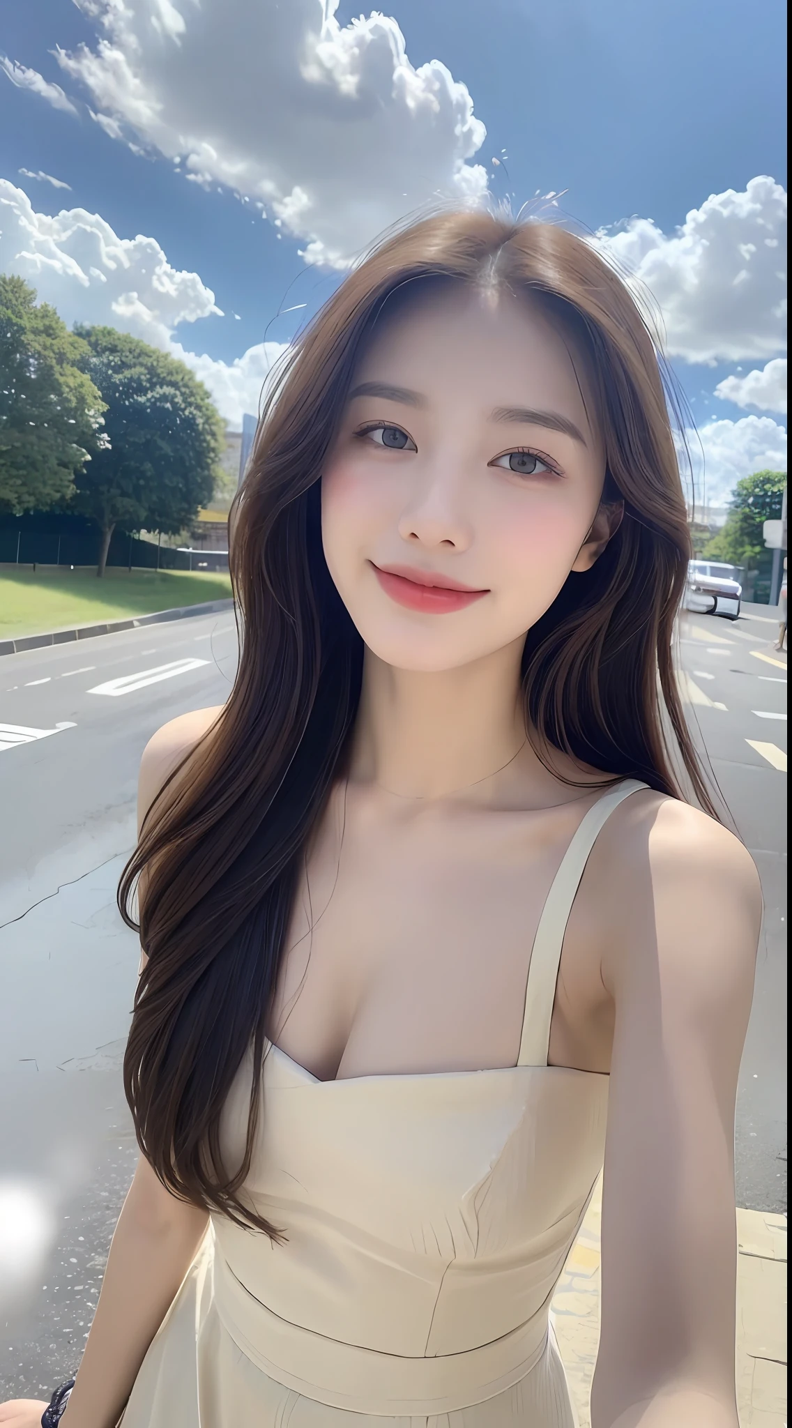 ((Best Quality, 8k, Masterpiece: 1.3)), Focus: 1.2, Perfect Body Beauty: 1.4, Buttocks: 1.2, ((Layered Haircut, Breasts: 1.2)), (Rain, Street:1.3), Bandeau Dress: 1.1, Highly Detailed Face and Skin Texture, Fine Eyes, Double Eyelids, Whitened Skin, Long Hair, (Shut Up: 1.3), Smile, Under Blue Sky and White Clouds, on the Vast Meadow