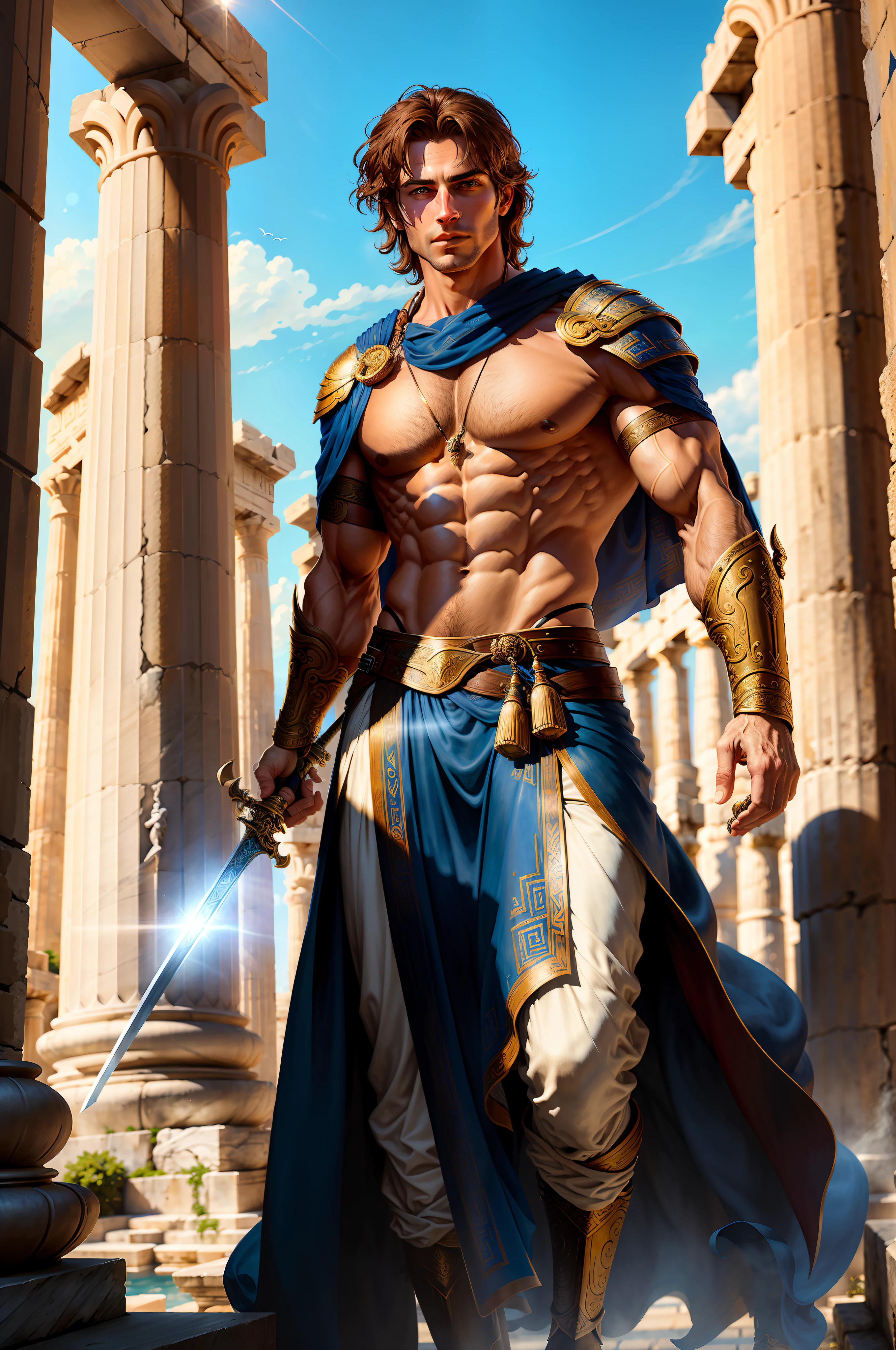 realistic, (masterpiece), (photorealistic:1.3), ultra-detailed, (high detailed:1.2), (best quality:1.0), A male character looks forward, wearing the old bonus equipment, very proud, the background is a Greek temple, very wide and exquisite. Holding a sword. With short, youthful hair. Facing and looking forward