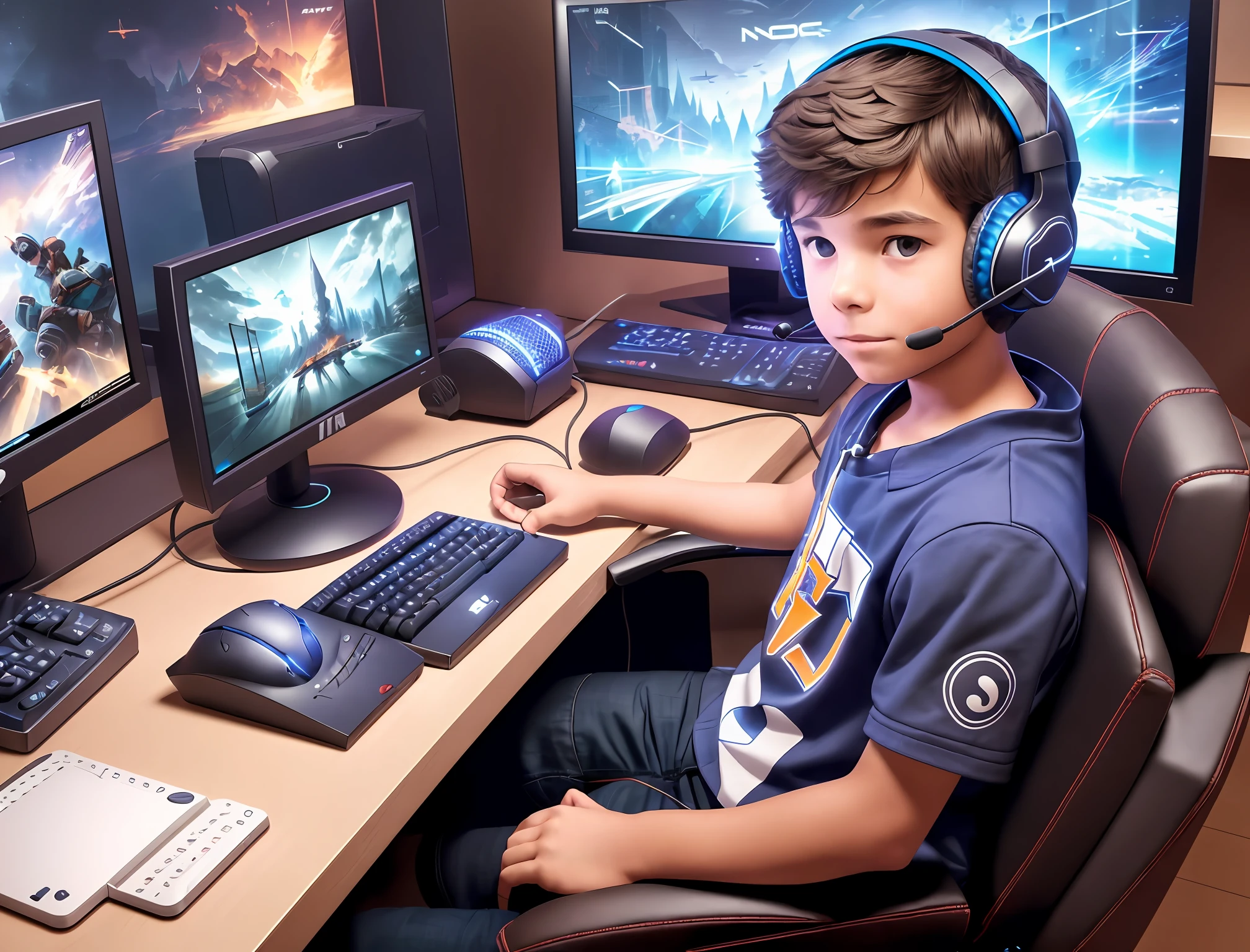 A boy, ((sitting, in the Game chair)), wearing a ((headset game)), sitting in front of the screen of the ((computer)).com hands positioned comfortably on the keyboard, mouse, In the surrounding environment, it is possible to see elements that indicate his interest and passion, such as game posters --auto --s2