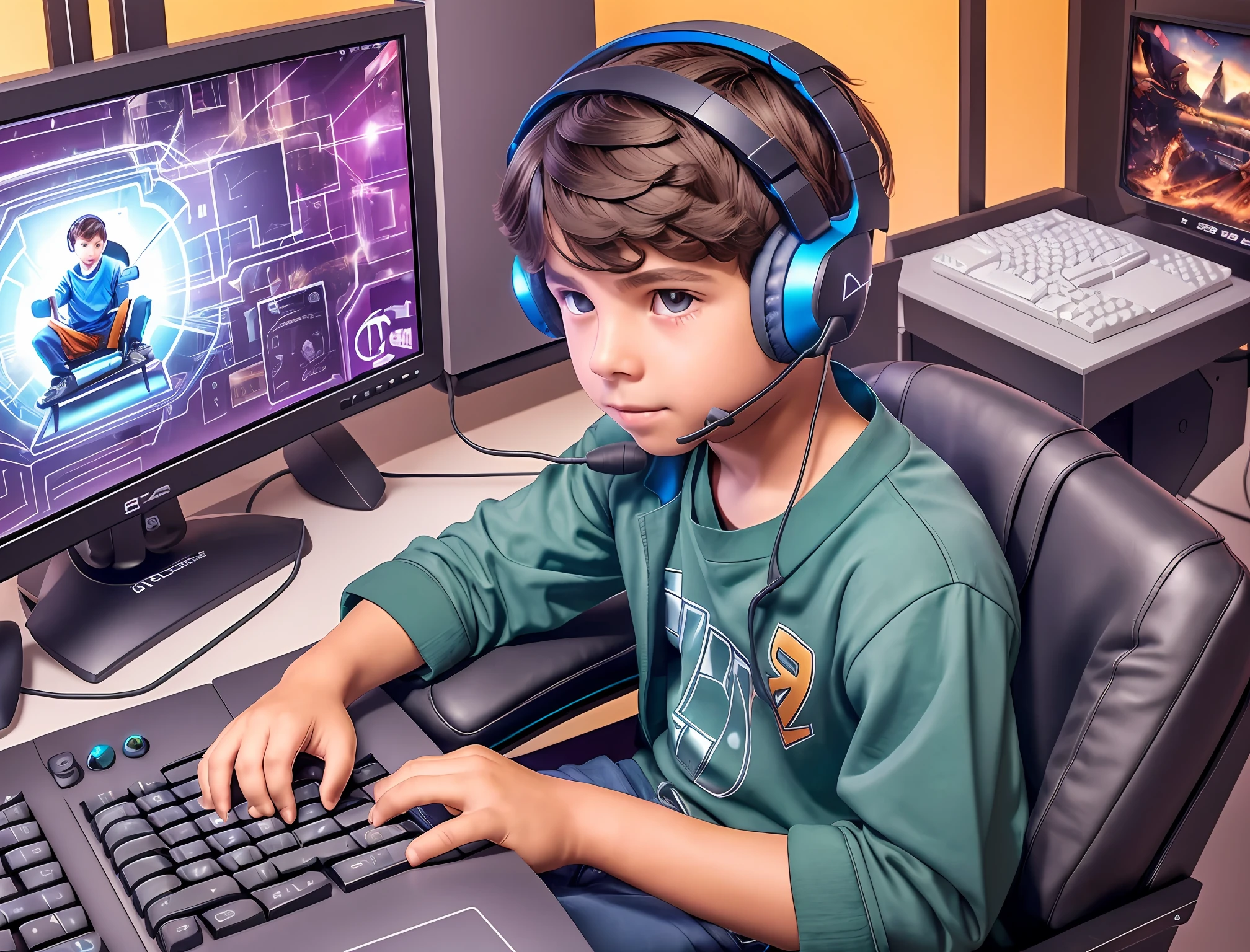 A boy, ((sitting, in the Game chair)), wearing a ((headset game)), sitting in front of the screen of the ((computer)).com hands positioned comfortably on the keyboard, mouse, In the surrounding environment, it is possible to see elements that indicate his interest and passion, such as game posters --auto --s2