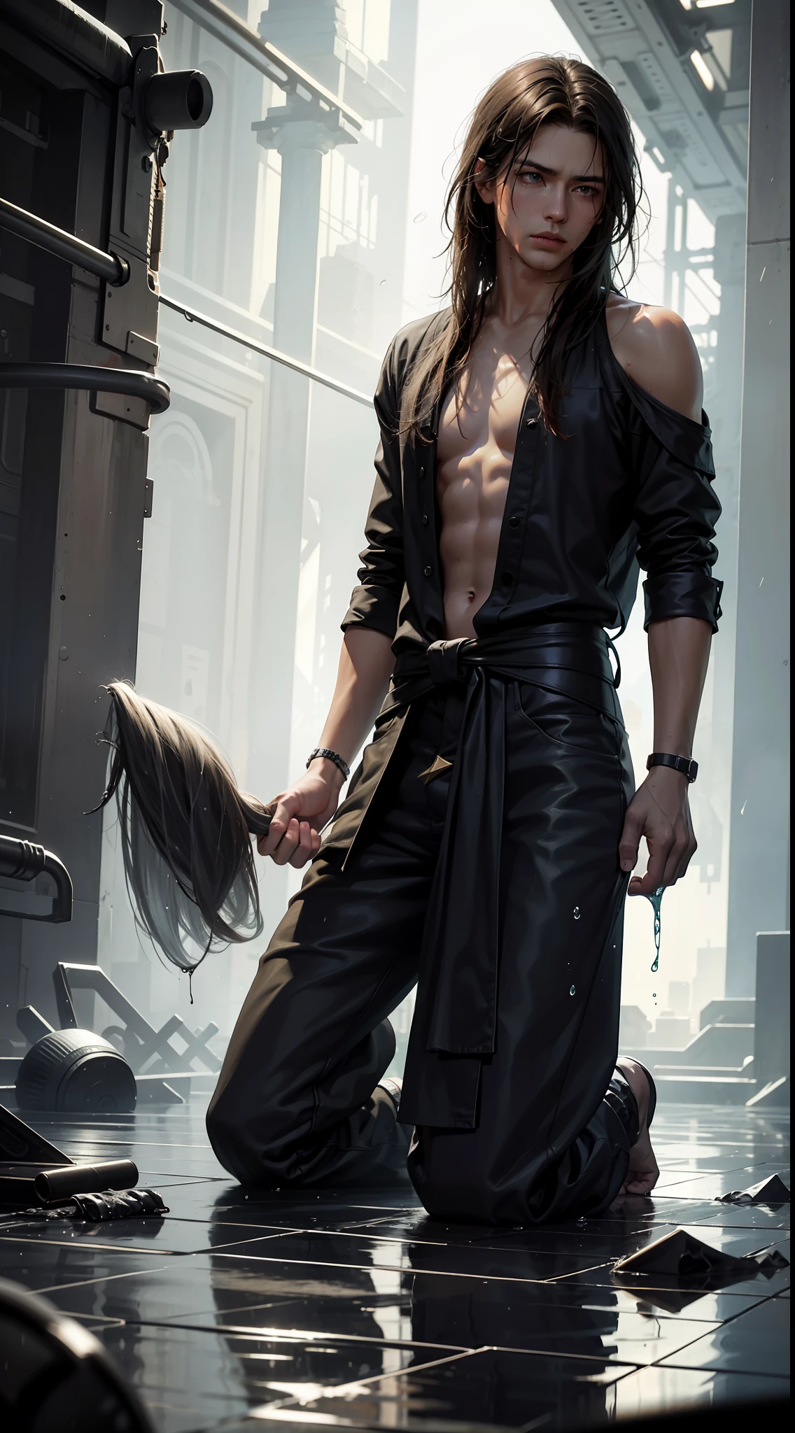 Best Quality, Masterpiece, Ultra High Resolution, (Fidelity: 1.4), Photos, 1 Handsome Long Hair (((Boy)))), Dim, Darkness, Lightning, Despair, Pathese, Movie, Tears, Teardrops, ((Men)), (Torn Clothes: 1.5), (Wet Clothes: 1.4), Kneeling on the Ground, Saving Yourself, Biting Lower Lip, Bare Shoulders, Real Rain, Wet Hair, (((Men)))