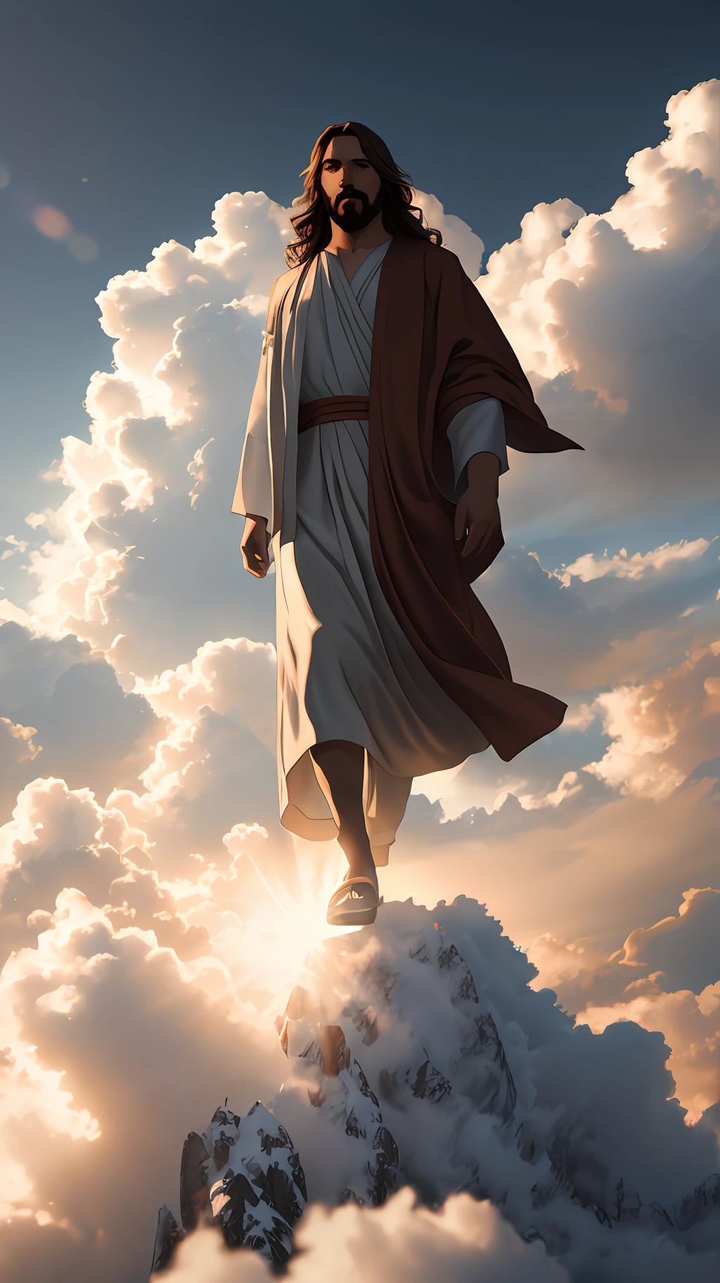 jesus walking on the clouds, masterpiece, best quality, high quality, 8k extremely detailed CG unit wallpaper, award-winning photography, Bokeh, Depth of Field, HDR, bloom, chromatic aberration, photorealistic, extremely detailed, trend in artstation, trend in CGsociety, intricate, high detail, dramatic, art in the middle of the journey, volumetric lighting