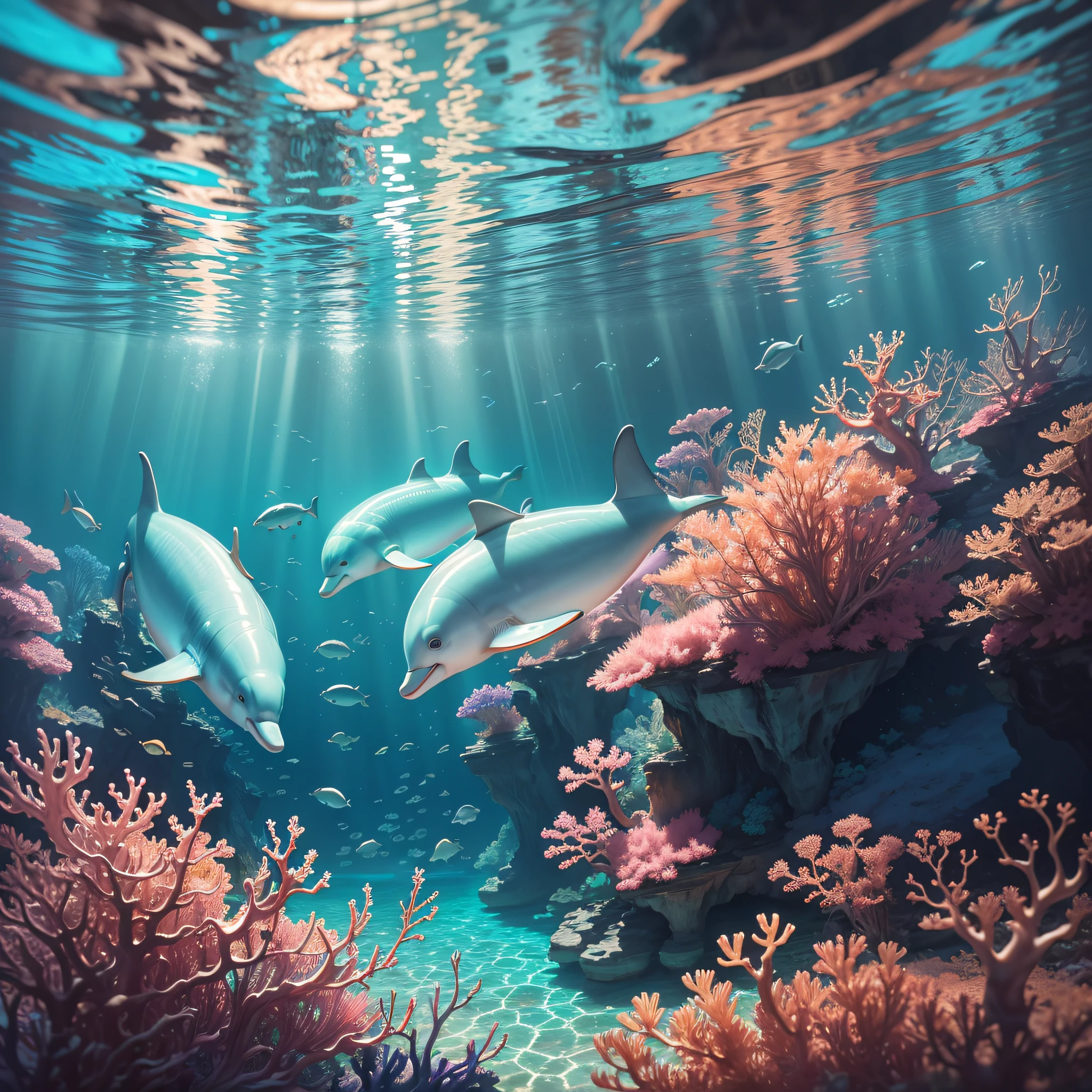 "Underwater Symphony": A composite image showcasing the beauty of dolphins swimming through a sunlit underwater canyon, surrounded by vibrant coral formations and an abundance of marine life, Surrealism, color field printing, high detail, UHD, 8k, anatomically correct, cinematic lighting 4d quality --auto --s2