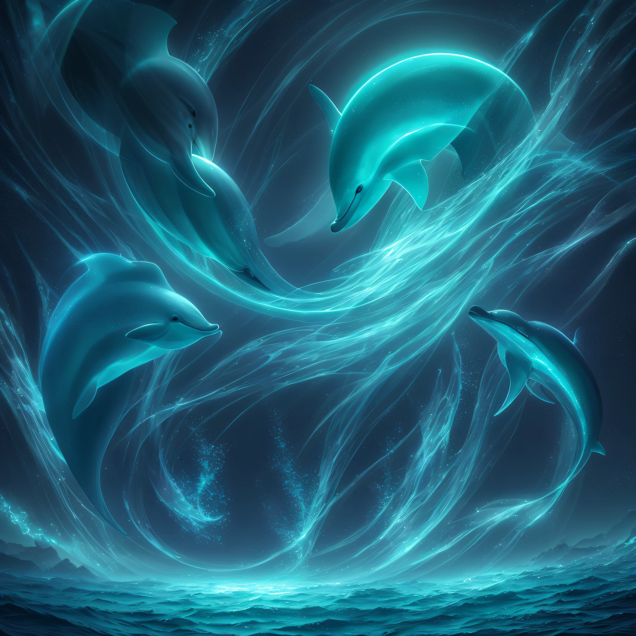 "Mystical Encounter": An ethereal image featuring dolphins swimming amidst bioluminescent plankton, their bodies emitting a soft glow that illuminates the dark ocean depths, creating a surreal and enchanting scene, Surrealism, color field printing, high detail, UHD, 8k, anatomically correct, cinematic lighting 4d quality --auto --s2