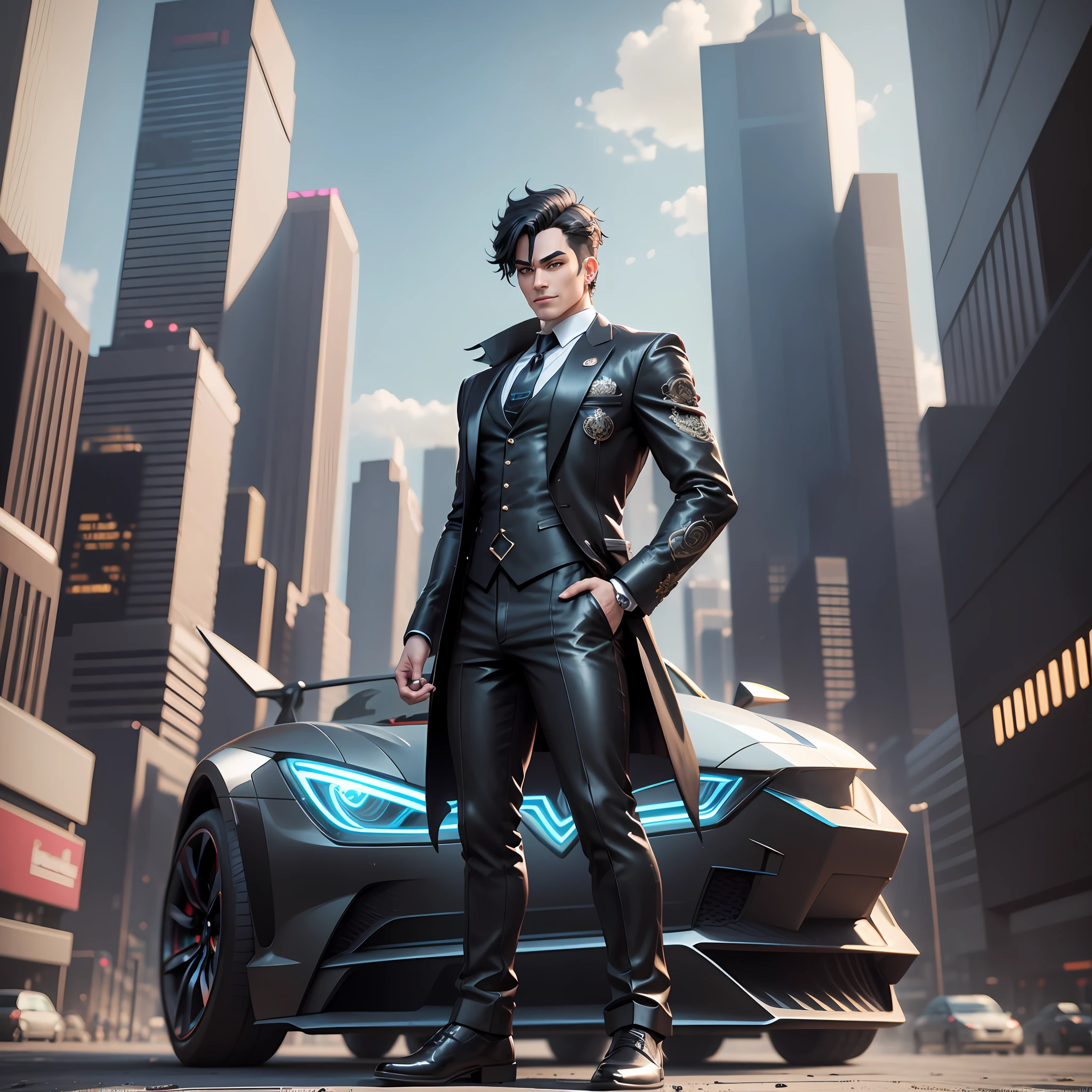 cartoon cartoon character, 3d of a cyberpunk man in suit and tie standing ,on top of a car ,in a futuristic city render 3 d stylized, iconic character of high detail, highly detailed character, a nendoroid anime of karl marx, formal pose stylized portrait, stylized anime, stylized 3d render, a portrait of the character, 2d illustration, 2d illustration, highly detailed character design smile, expression face, black eyes, looking forward, black hair, portrait, global lighting, shadows, octane render, 8k, ultra sharp, metal, intricate, detailed ornaments, cool colors, egyptian detail, highly intricate details, realistic light, --auto --s2