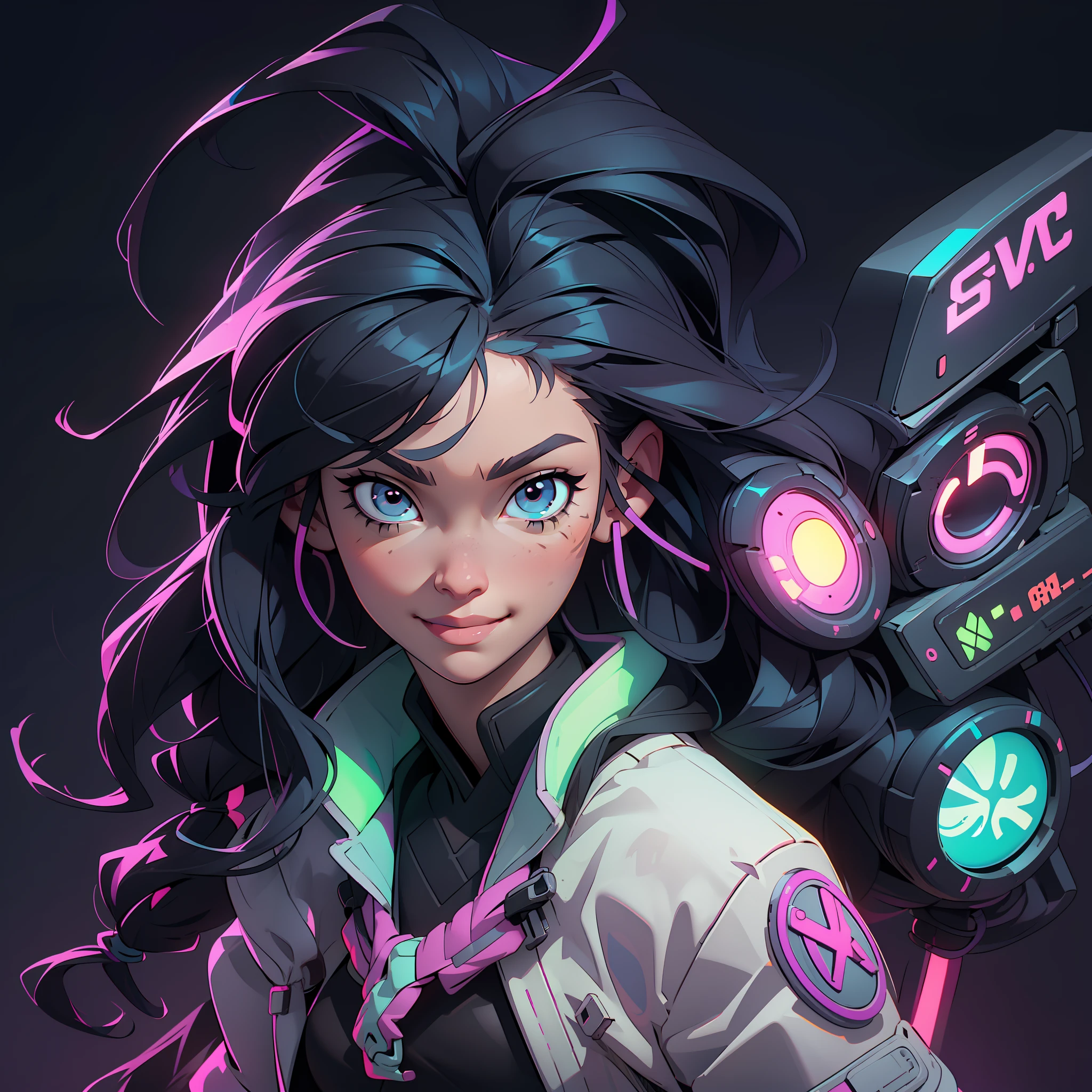 Create a girl with long messy black hair and brown eyes, smiling, gamer,, monitor, night time, good quality, perfect anatomy, 8k, masterpiece, by (Holaxes), long hair, messy hair, neon, headphones, cyberpunk, neon purple, neon yellow, neon blue, cyberwave, best Character Design
