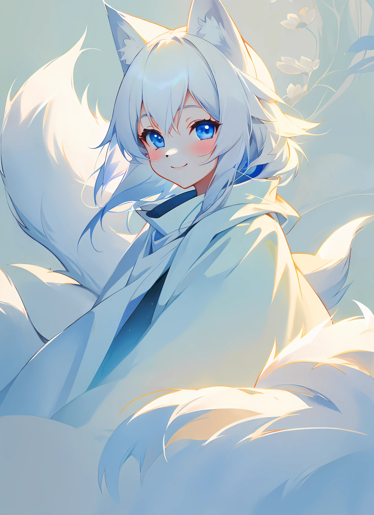1Girl, Furry Woman, White Fox, Masterpiece, Light Blue Eyes, Light Smile,\: