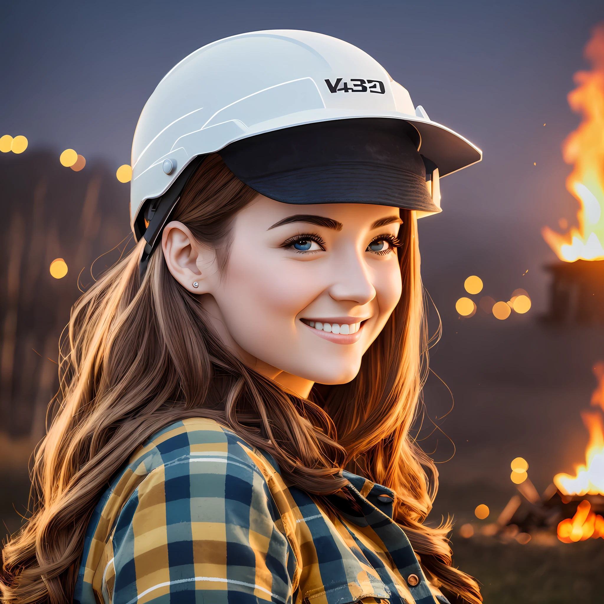 8k, ultra realistic photo, attractive, highly detailed, a 30 year old girl smiling realistic, June party, wearing a bland safety helmet and plaid shirt, bonfire in the background, June party environment, cinematic scene, rendering, dramatic lighting, realistic award-winning quality, ultra wide, 32K, white balance, F/22, 1/1000, 32k --v 4 --q 1 --upbeta 50 --ar 16:9 --auto --s 2 --s2