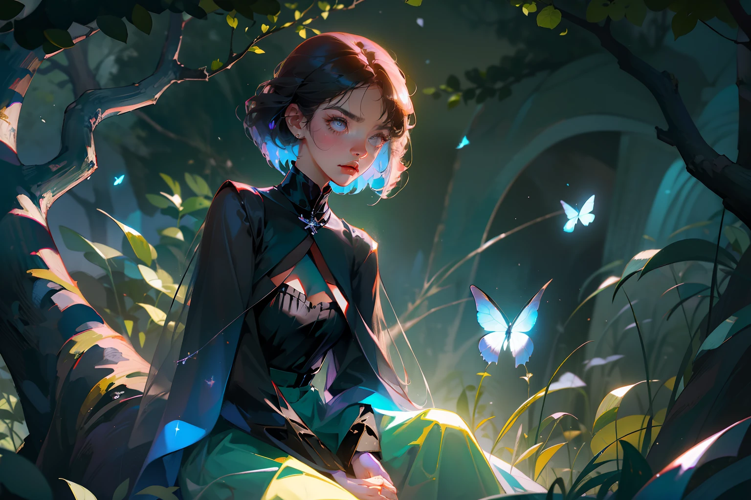 ((Superior quality, portraits, masterpieces, 8K: 1.3 wallpapers)), girl with short wavy brown hair (((SHORT HAIR))), obsidian-like black eyes (((BLACK EYES))), (((ANNOYING, SERIOUS LOOK))) sitting on a branch of a mueto tree, bioluminescent blue butterflies, dark hour, perfect shadows and reflections of the moon on the scene. black dress covered, dark clothes of MOURNING, CLOTHES COVERING THEIR SKIN, TUNIC.