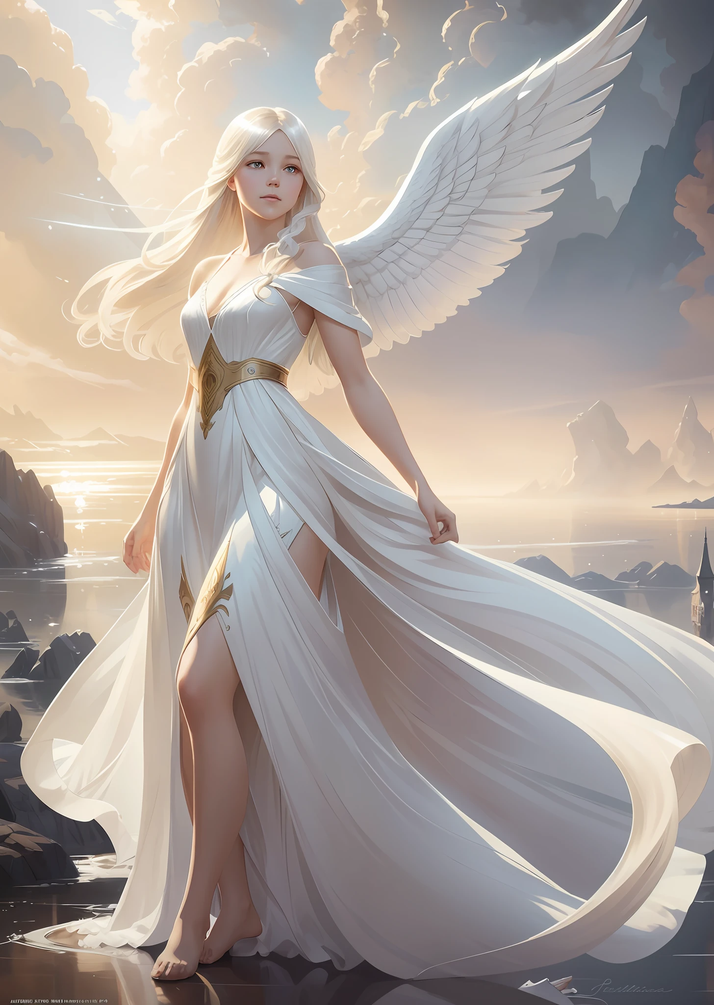 young girl angel, with floating hair, flowing white gown, highly detailed, digital painting, artstation, concept art, smooth, sharp focus, illustration, unreal engine 5, 8k, art by artgerm and greg rutkowski and alphonse mucha