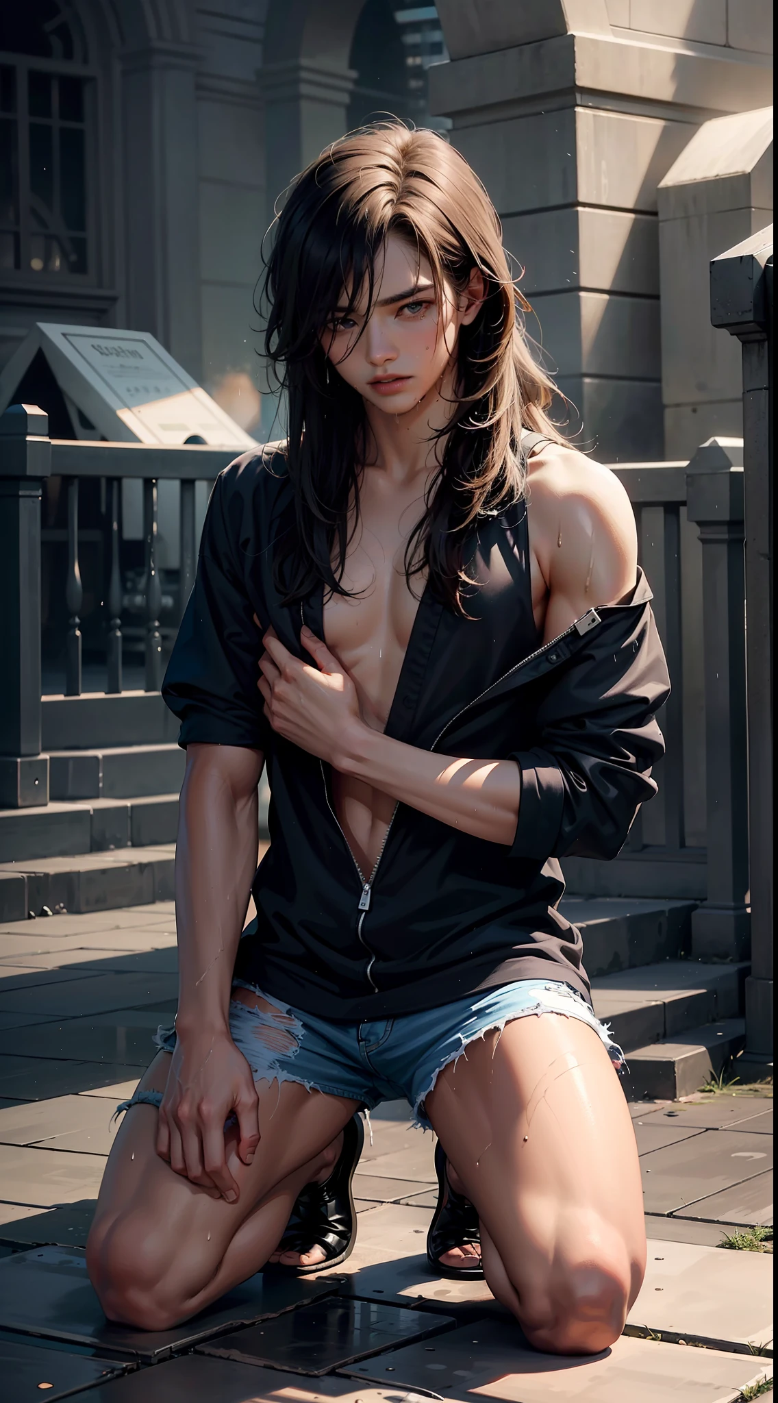 Best Quality, Masterpiece, Ultra High Resolution, (Fidelity: 1.4), Photos, 1 Handsome Long Hair (((Boy)))), Dim, Darkness, Lightning, Despair, Pathese, Movie, Tears, Teardrops, ((Men)), (Torn Clothes: 1.5), (Wet Clothes: 1.4), Kneeling on the Ground, Saving Yourself, Biting Lower Lip, Bare Shoulders, Real Rain, Wet Hair, (((Men)))