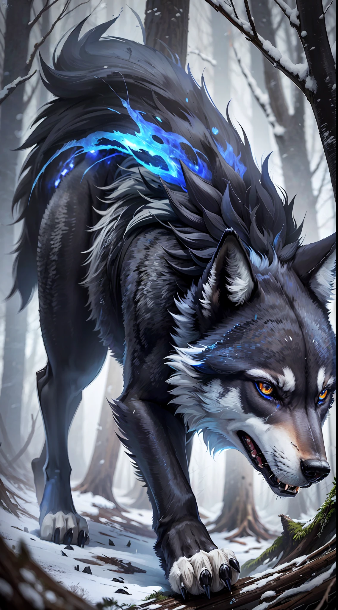 Black colored wolf of "blue eyes", fierce, hunting, dangerous forest, open forest (detailed high-resolution image), 1 angry, fearless wolf. Howling, large, powerful, blue-eyed wolf, midnight wolf, dangerous, imposing hunter, full moon. --auto --s2