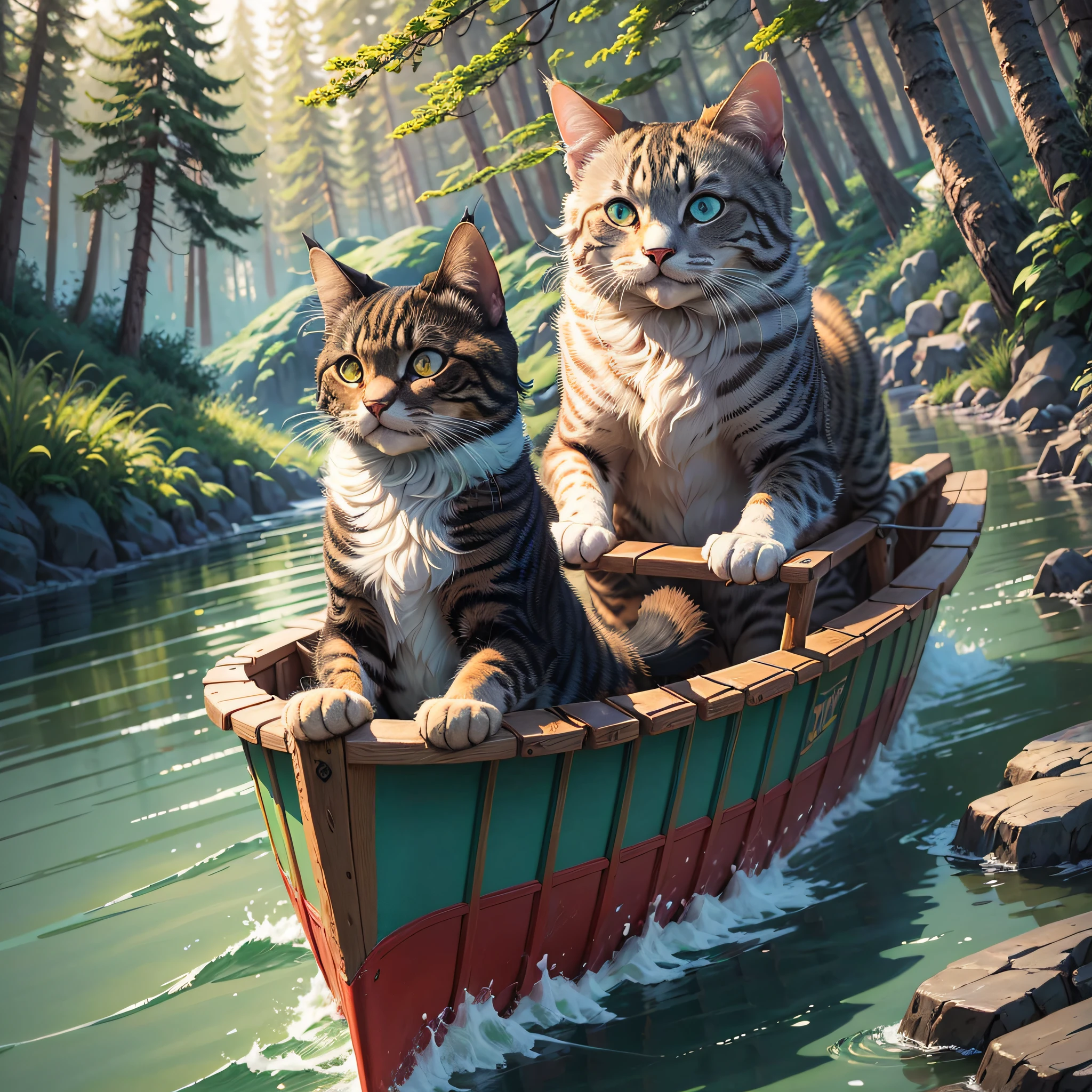 STICKER,"Adventurous Duo": A dynamic illustration of a cat and a dog embarking on an adventure, whether it's exploring a forest, sailing on a boat, or soaring through the skies, capturing their shared spirit of curiosity and exploration, Surrealism, color field printing, high detail, UHD, 8k, anatomically correct, cinematic lighting 4d quality --auto --s2