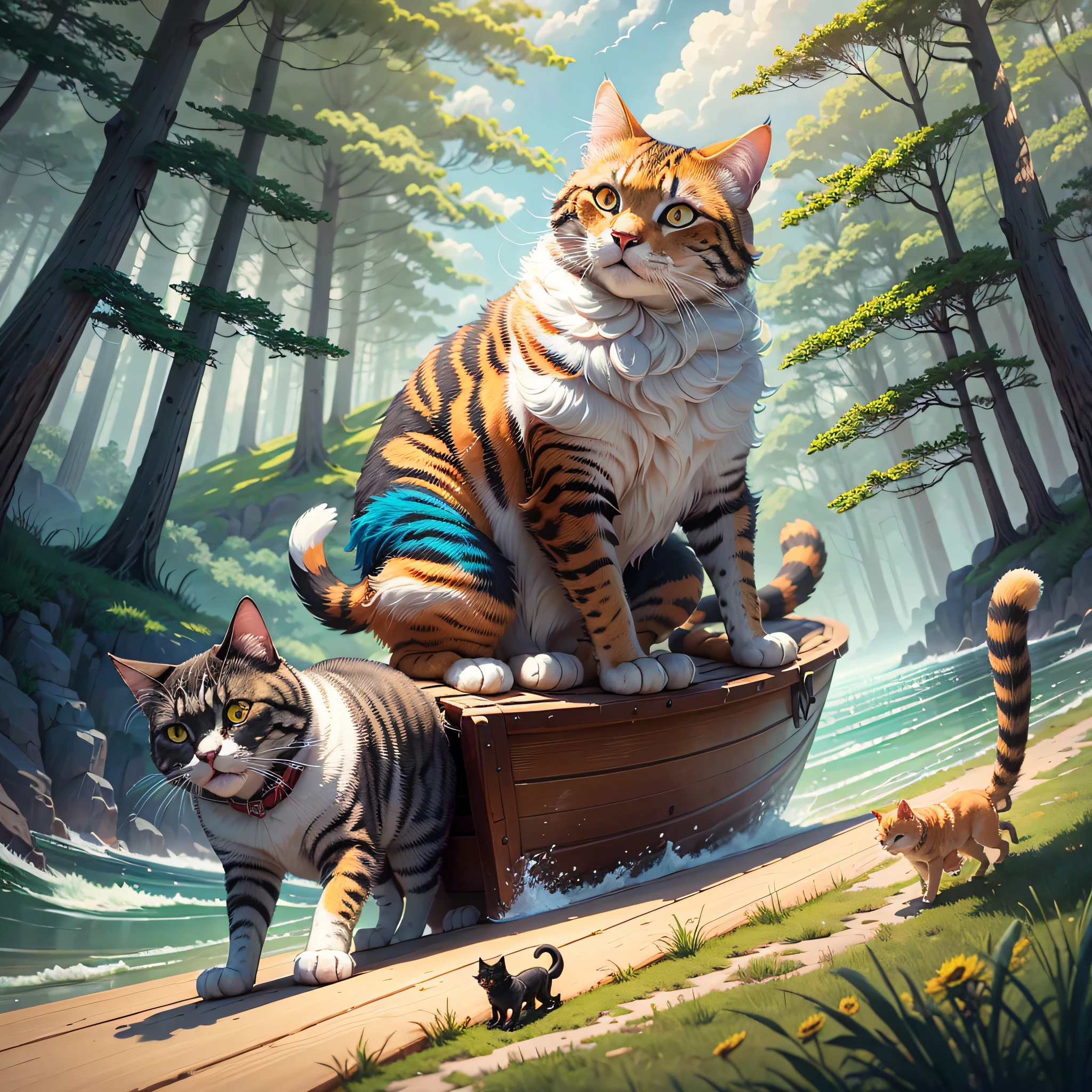 STICKER,"Adventurous Duo": A dynamic illustration of a cat and a dog embarking on an adventure, whether it's exploring a forest, sailing on a boat, or soaring through the skies, capturing their shared spirit of curiosity and exploration, Surrealism, color field printing, high detail, UHD, 8k, anatomically correct, cinematic lighting 4d quality --auto --s2