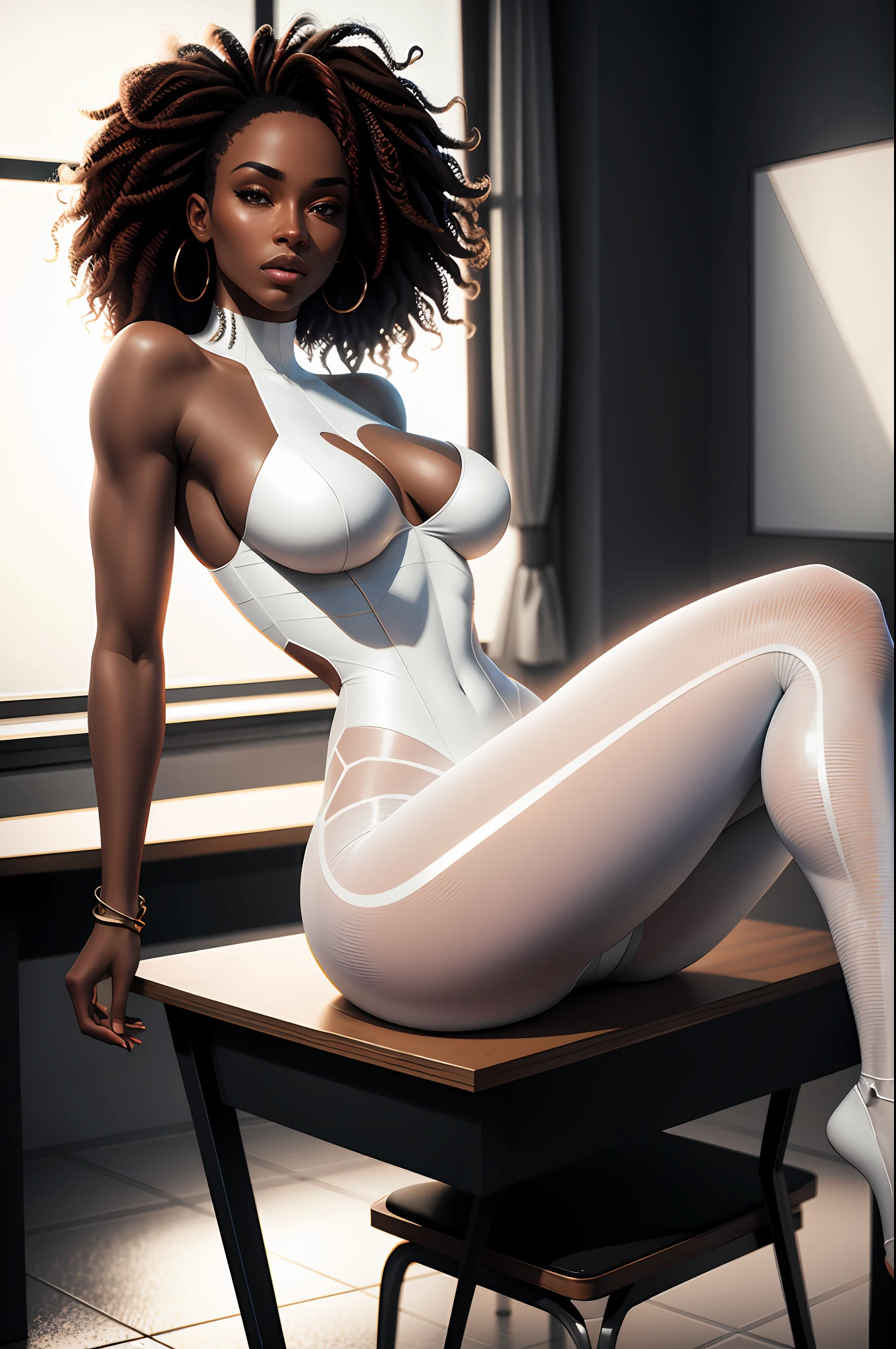 beautiful african university student, curly hair, full body, in white transparent clothing, white transparent pants, interior, classroom, sitting, seductive posture, sexy pose, legs open, legs up, showing ass, big ass, arms on the sides and wide neckline, photorealistic large breasts, photo, masterpiece, realistic, realism, photorealism, high contrast, photorealistic digital art trend on Artstation 8k HD high definition detailed realistic,  detailed, skin texture, hyper detailed, realistic skin texture, armor, best quality, ultra high resolution, (photorealistic:1.4), high resolution, detailed, raw photo, sharp re, by lee jeffries nikon d850 stock film photography 4 camera kodak portra 400 lens f1.6 rich colors hyper realistic texture dramatic lighting irrealengine trending on artstation cinestill 800,