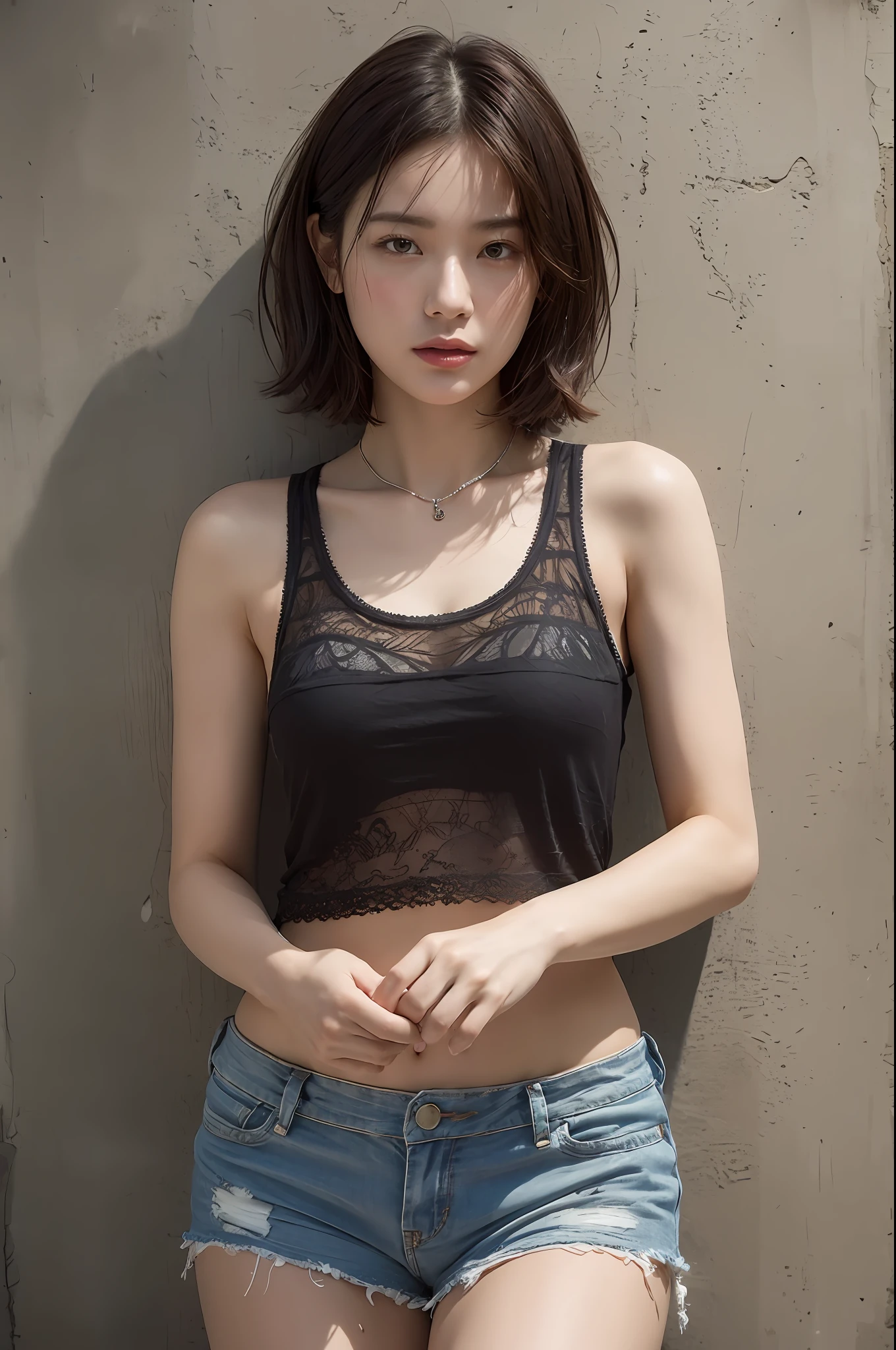 Top quality, Masterpiece, High resolution, 1girl, Beautiful and perfect face, Short cut, Tank top with intricate details, cinematic feel, 8K, very detailed