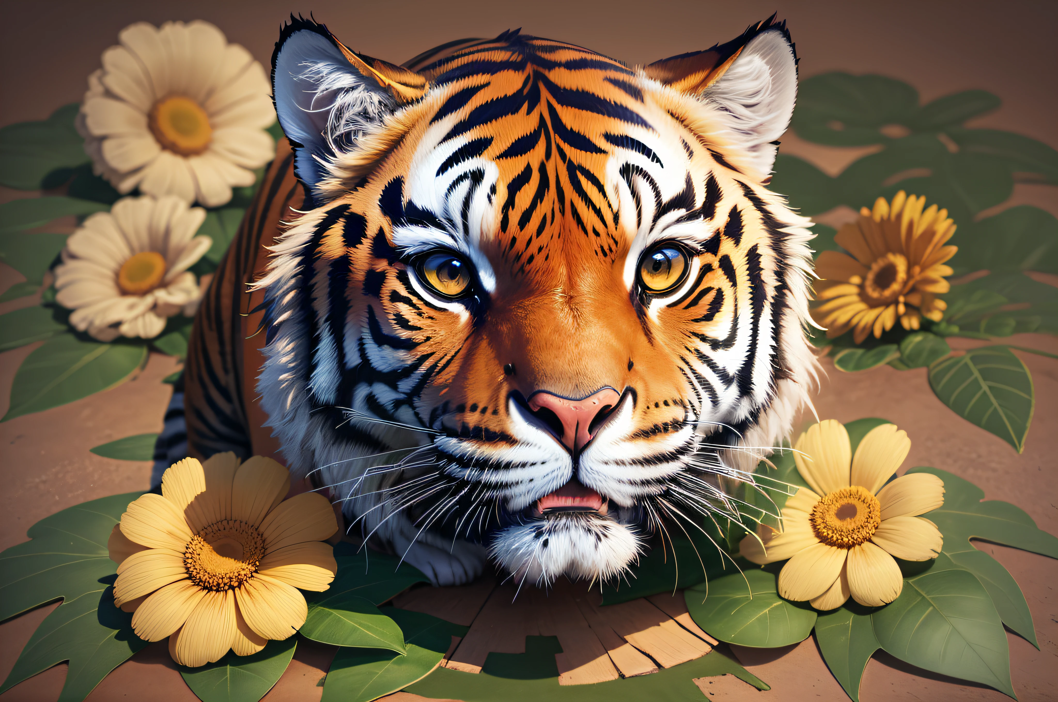 3D flower patterns, --ar 3:2, --tile , equirectangular 360, Highres, (art by Willi Baumeister: 1.1), (art by John T. Biggers: 1.2)::17 , official art, continuous paper 8k unit, ultra detailed, aesthetic, masterpiece, best quality, photorealistic, ((only front face)) Tiger in the Middle , Flowers Behind --auto --s2