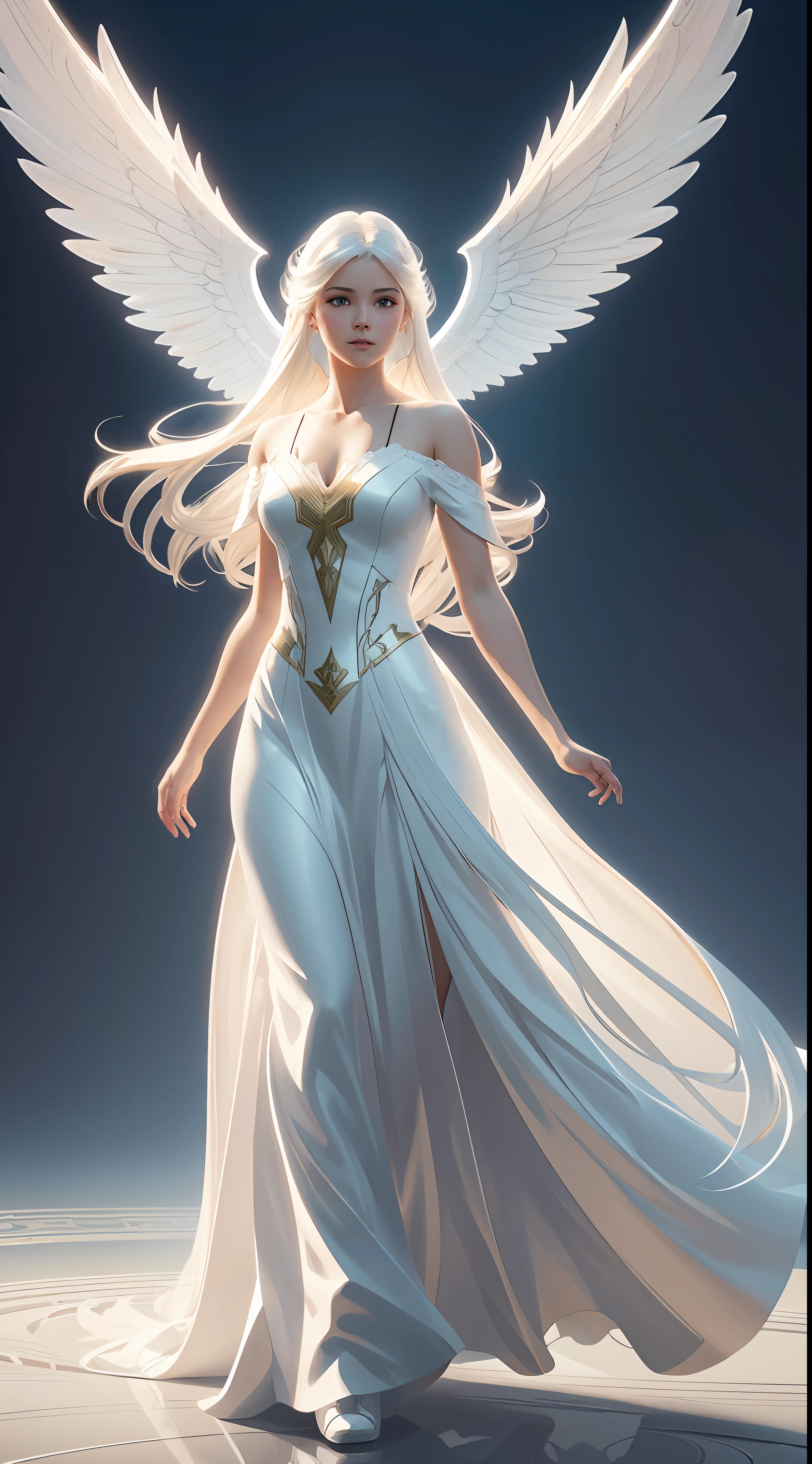 young girl angel, with floating hair, flowing white gown, highly detailed, digital painting, artstation, concept art, smooth, sharp focus, illustration, unreal engine 5, 8k, art by artgerm and greg rutkowski and alphonse mucha
