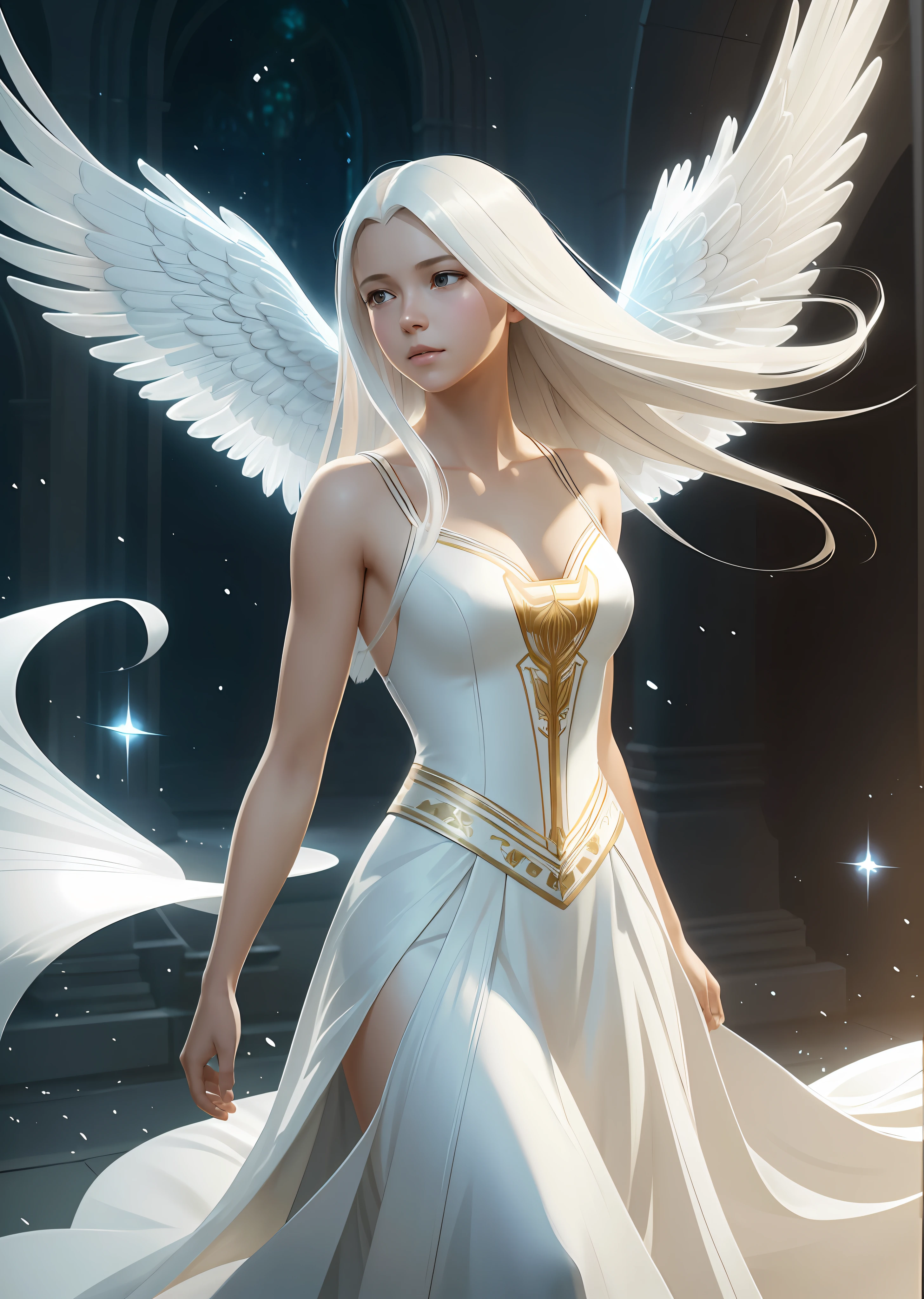 young girl angel, with floating hair, flowing white gown, highly detailed, digital painting, artstation, concept art, smooth, sharp focus, illustration, unreal engine 5, 8k, art by artgerm and greg rutkowski and alphonse mucha