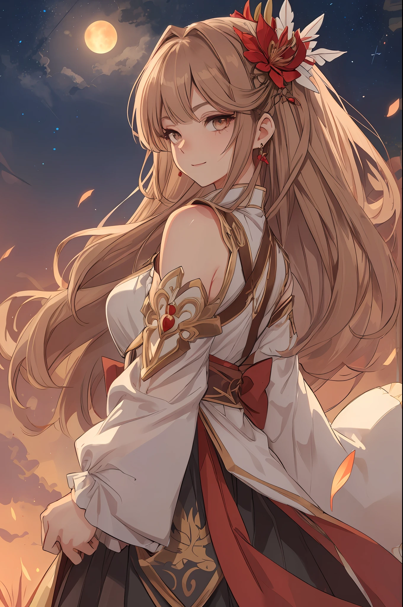 ((High Resolution)), (kind smile), (Busty), ((Top Quality)), ((Ultra Fine)) ((Ultra Fine CG)), ((8k_wallpaper)), Dynamic Angle, Floating, (Eyes with Beautiful Details), Very Delicate and Beautiful Girl, full Body, Ink Painting, (Japanese Style), light brown Eyes, Burning, Detail Light. from_low, (light brown hair), (light red spider lily: 1.33), light brown eye, (hair flower): 1.3), Bloom, single, starry sky, hair ornament, earrings, jewelry, messed up hair, bare shoulders, half-closed eyes, bloom, ((for men)), fairy, (Hanfu: 1.3), (medium breasts): 1.2), (eyeshadow, red eyeliner: 1.15), (eye shadow, red eyeliner: 1.15), (eye shadow, red eyeliner: 1.15), (eye visible through hair: 1.2), (solo)), yellow moon, blushing, looking away from viewer, side boob, visible boobs from side, from side