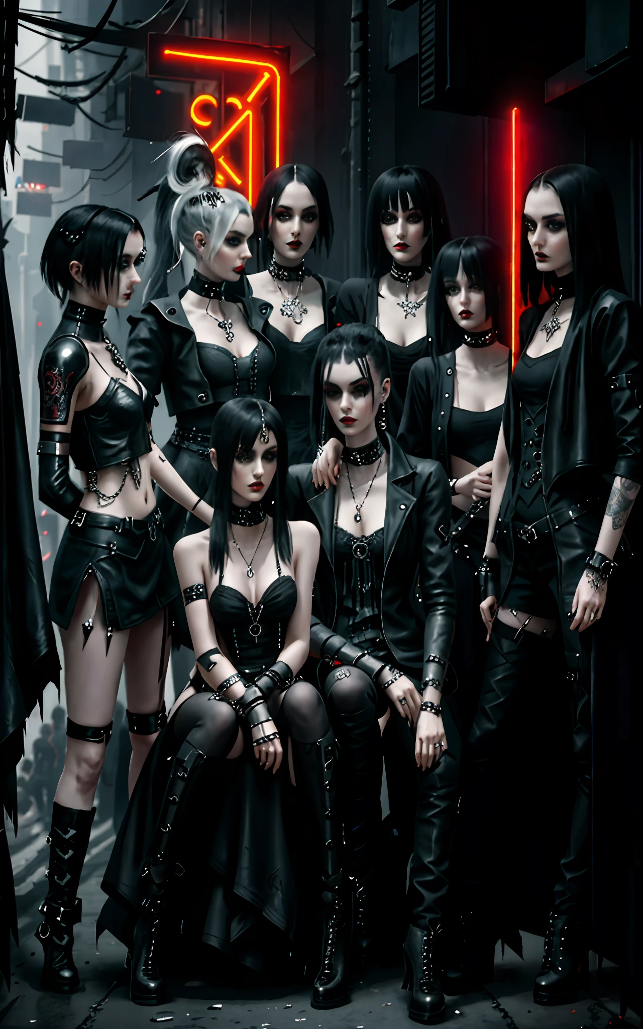 Arafed group of people dressed in black leather posing for a photo, chanel haired woman, chanel hairstyle, seductive gothic black costume, all black gothic clothes, high fashion, women, gothic clothes, gothic fashion clothes, goth - punk, gothic fashion clothes, emo gothic band, cyberpunk clothes, cyberpunk fashion, cyberpunk horror style, cyberpunk techwear, cyberpunk style