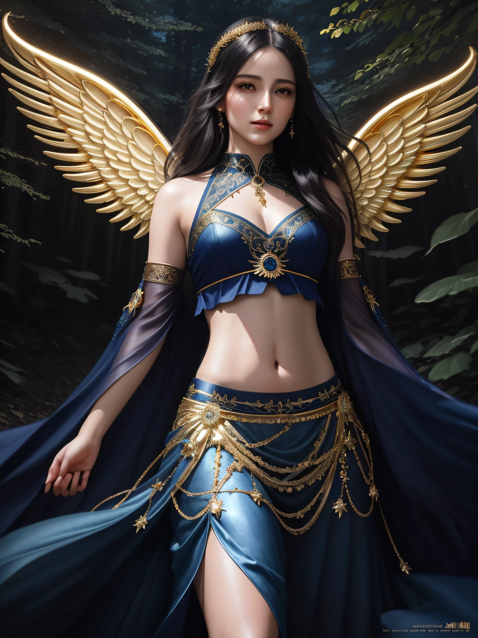 modelshoot style, the most beautiful artwork in the world featuring a (gothic angel cute woman in skirt:1.2), ((navel :1.5)), (( gold and indigo dress:1.2)) cute pose infront of a gorgeous glowing forest full of fireflies flying around, large detailed wings, (dark force:1.3), 35mm lens, f/1.8, 8K, clear facial features, (cinematic action scene:1.2), accent lighting, global illuminatio, trending on ArtStation, trending on CGSociety, Intricate, High Detail, Sharp focus, (dramatic:1.1), photorealistic painting art by midjourney and greg rutkowski