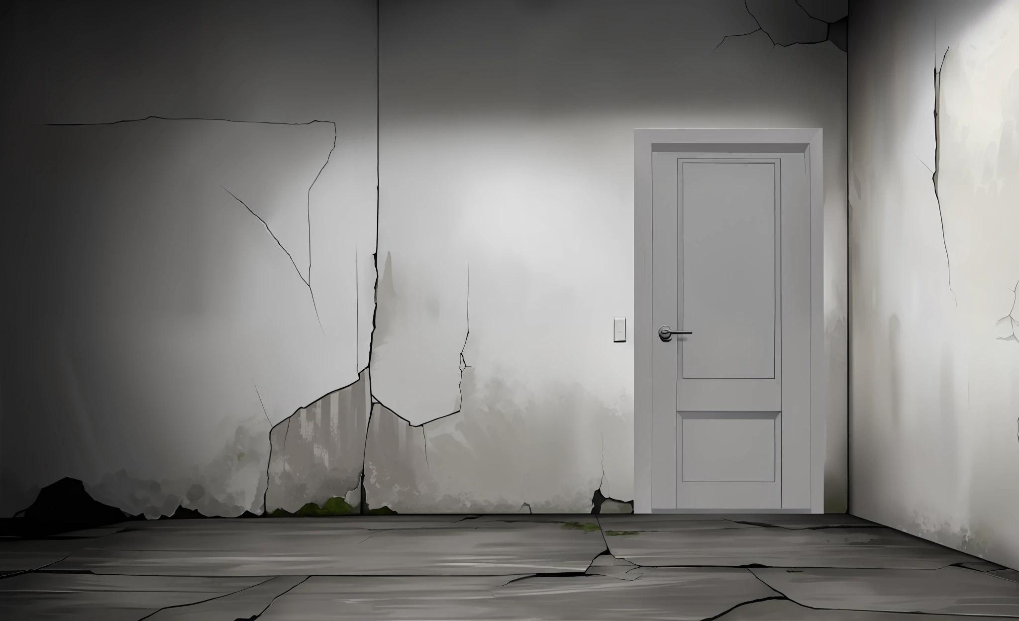 An old door in a room with cracked walls and dirty floors